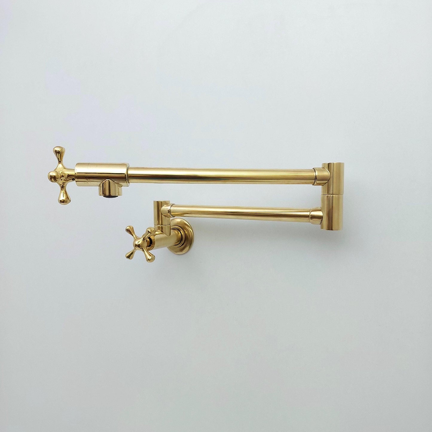 Unlacquered Brass Double Joint Pot Filler, Wall Mount Antique Pot Filler with Cross Handle- Ref: PF-002-C