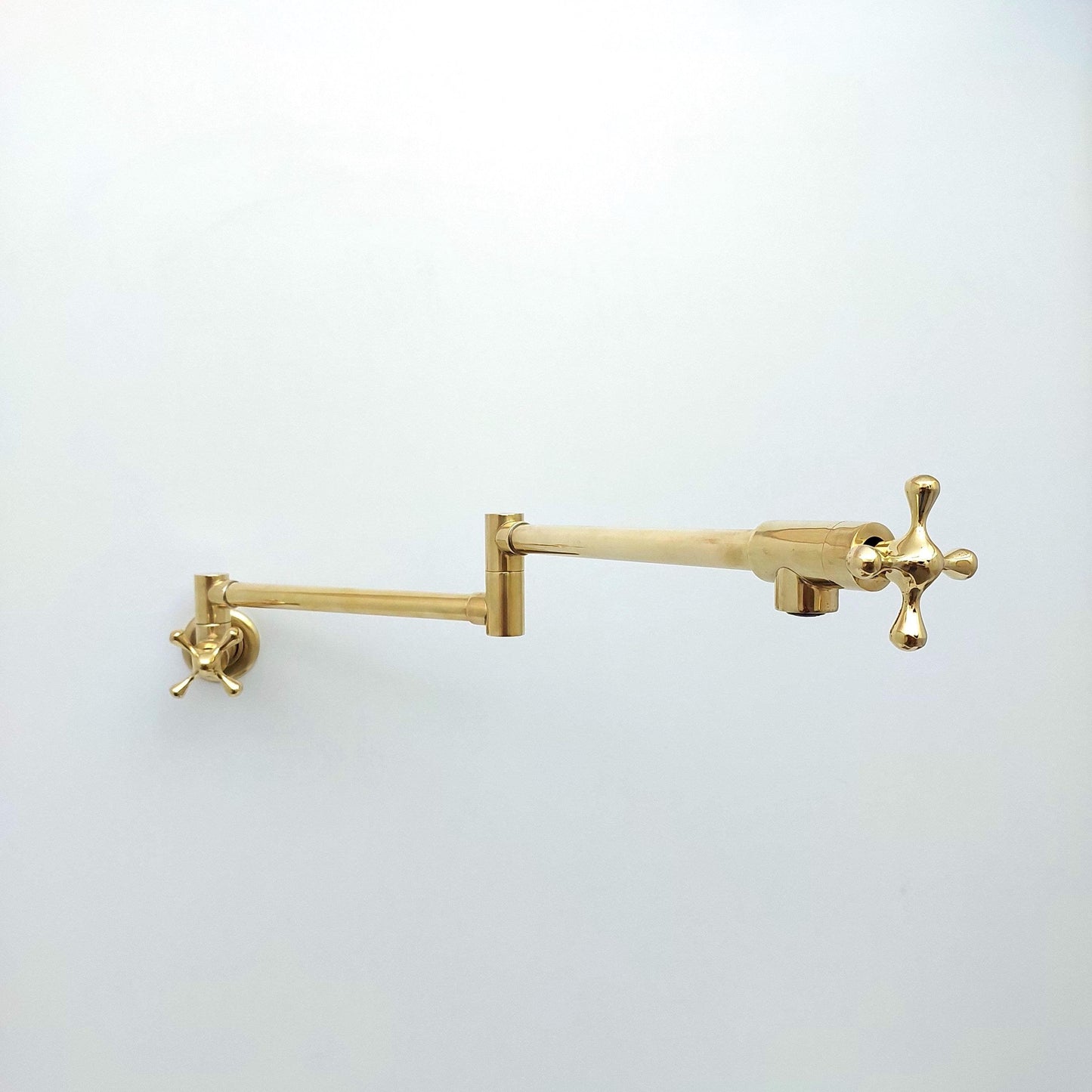 Unlacquered Brass Double Joint Pot Filler, Wall Mount Antique Pot Filler with Cross Handle- Ref: PF-002-C