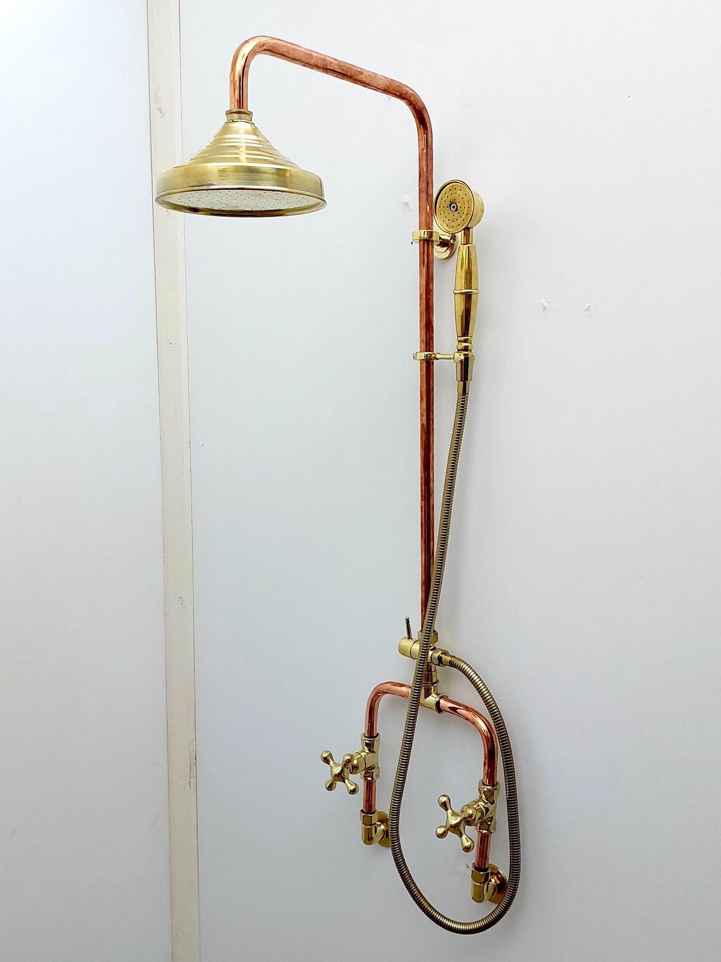 Unlacquered Brass and Copper Rain Shower System with Vintage Shower Head - Ref: SS0023-CH