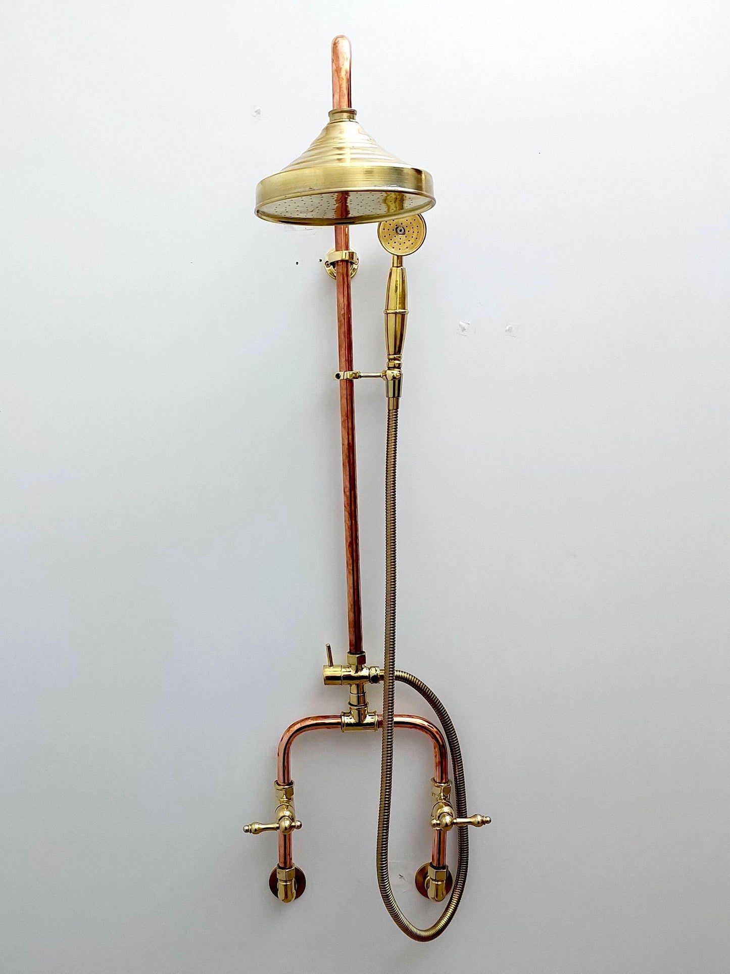 Unlacquered Brass and Copper Rain Shower System with Vintage Shower Head - Ref: SS0023-LH