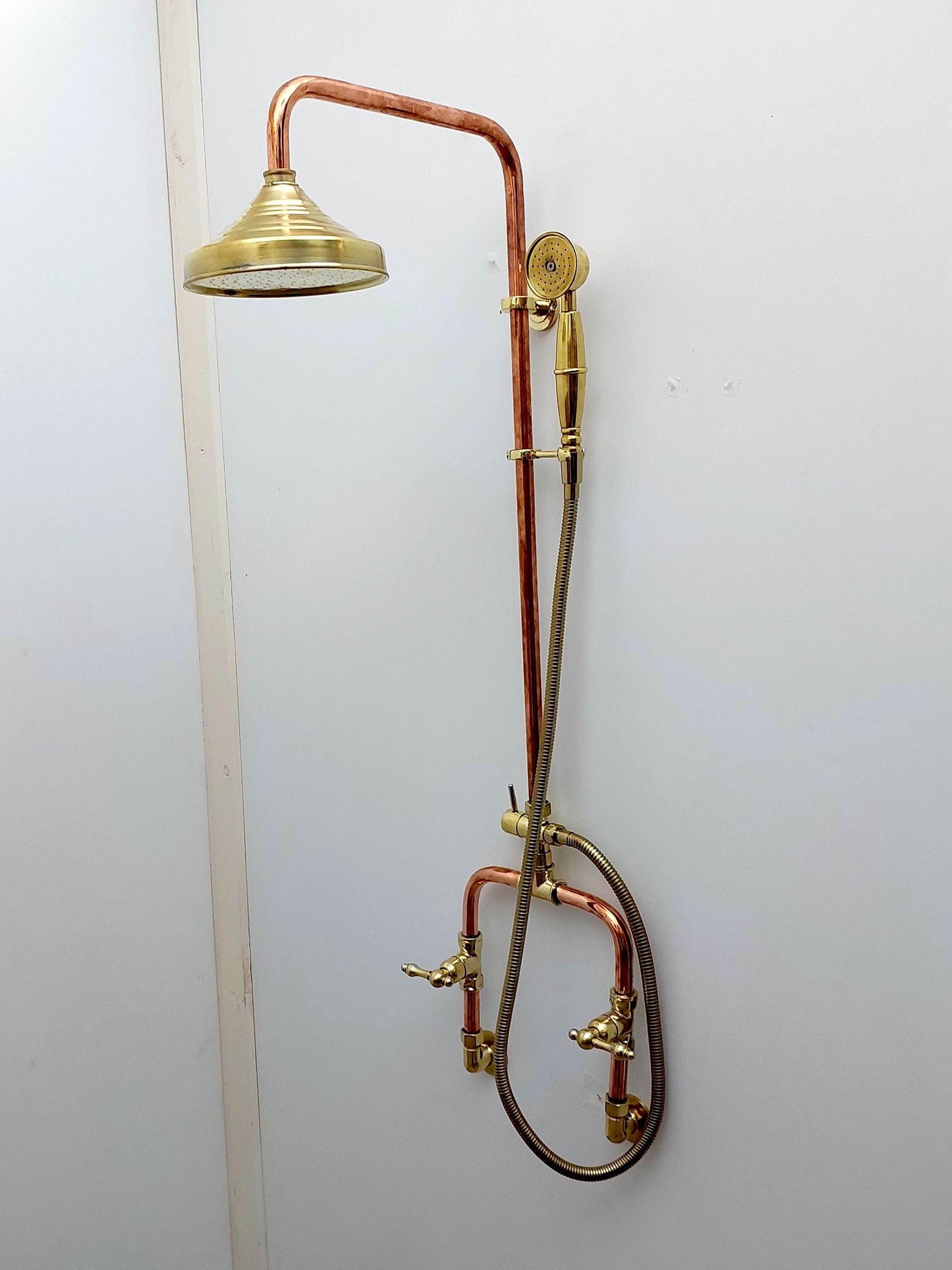 Unlacquered Brass and Copper Rain Shower System with Vintage Shower Head - Ref: SS0023-LH