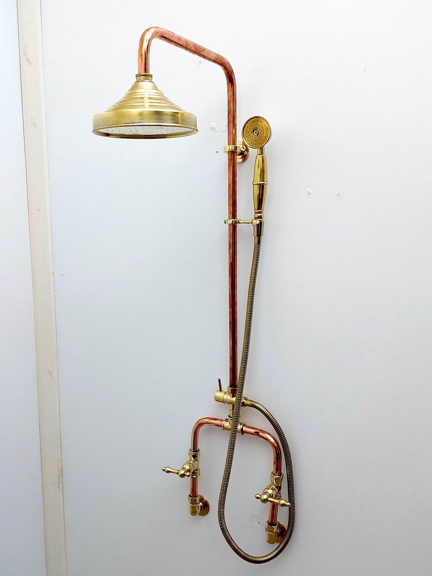 Unlacquered Brass and Copper Rain Shower System with Vintage Shower Head - Ref: SS0023-LH