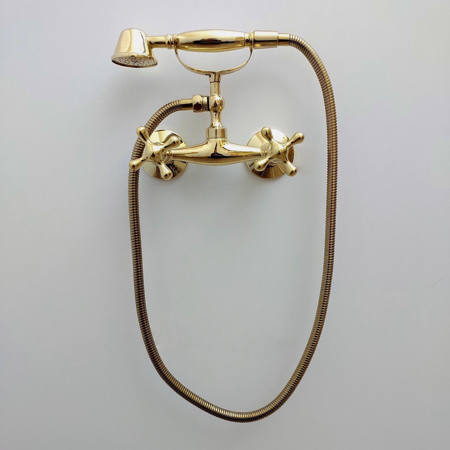 Unlacquered Brass Wall Mount Handheld Shower System with Cross handles - Ref: SS024-C