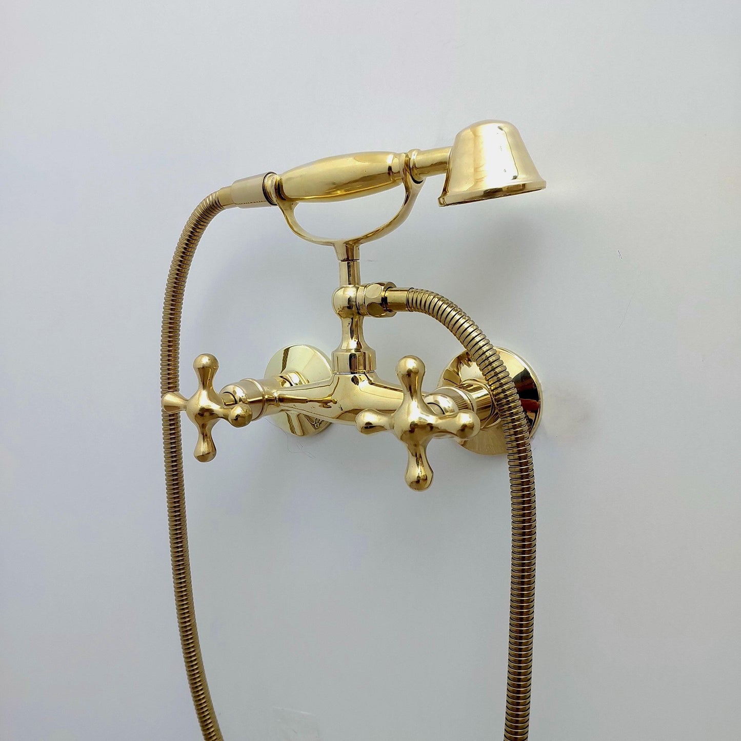 Unlacquered Brass Wall Mount Handheld Shower System with Cross handles - Ref: SS024-C