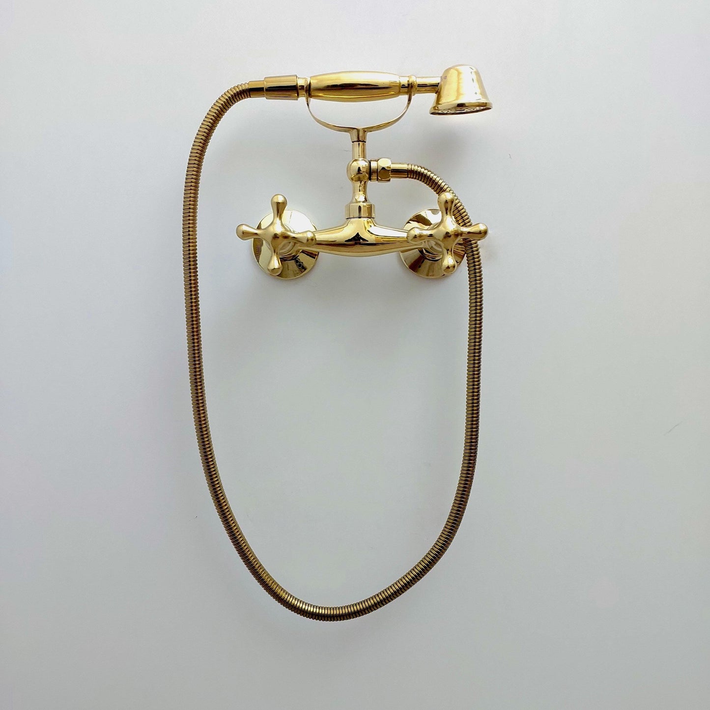 Unlacquered Brass Wall Mount Handheld Shower System with Cross handles - Ref: SS024-C