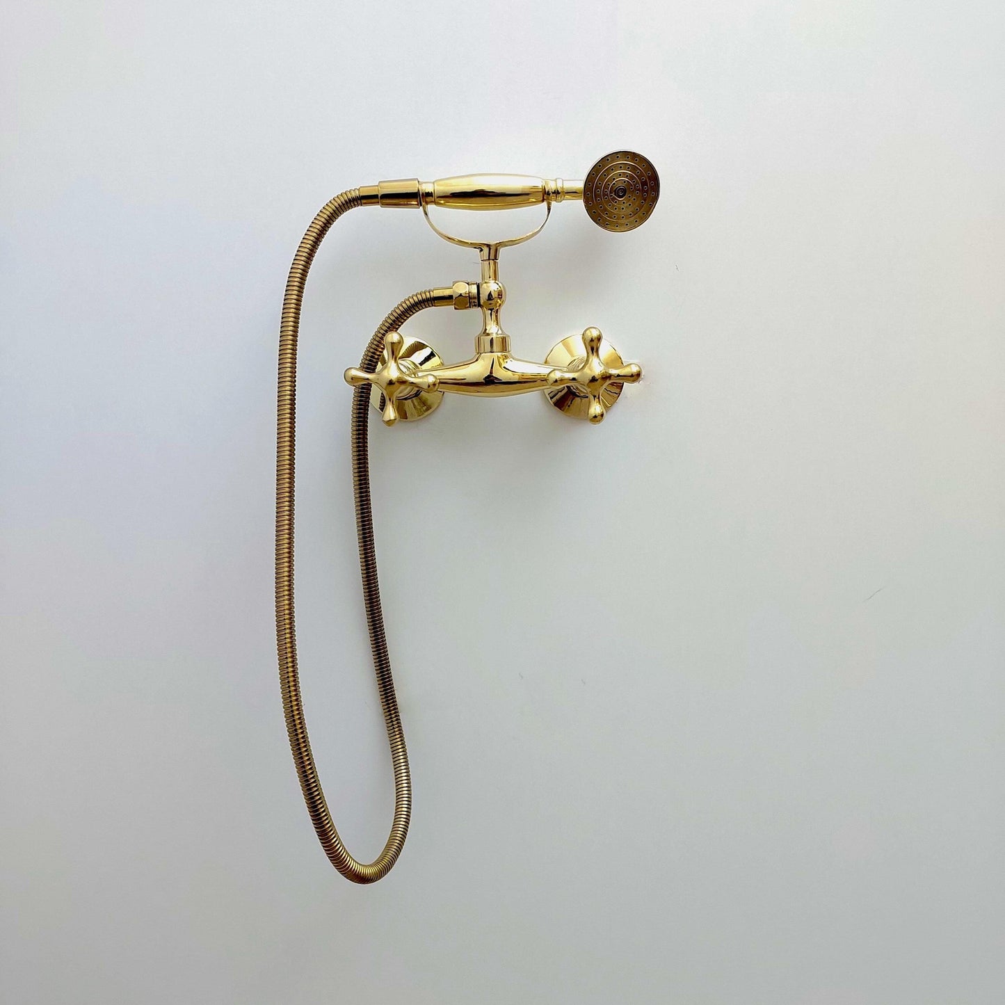 Unlacquered Brass Wall Mount Handheld Shower System with Cross handles - Ref: SS024-C