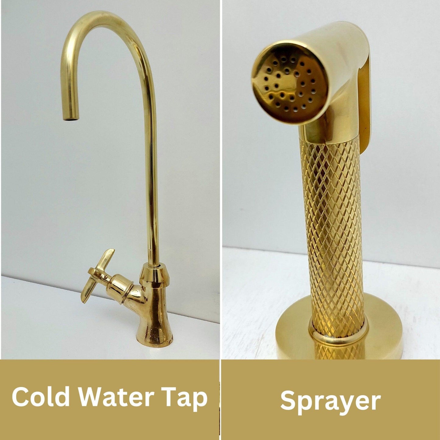 Unlacquered Brass Bridge Kitchen Faucet With Sprayer, Cold Water Faucet And Cross Handles - Ref:AKFC-1