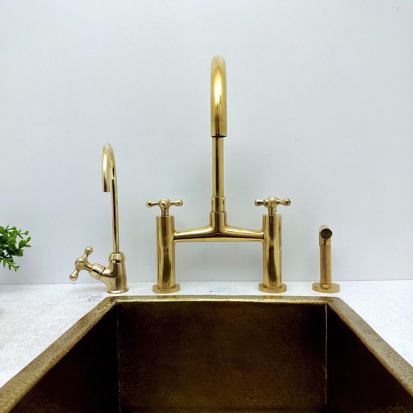 Unlacquered Brass Bridge Kitchen Faucet With Sprayer, Cold Water Faucet And Cross Handles - Ref:AKFC-1