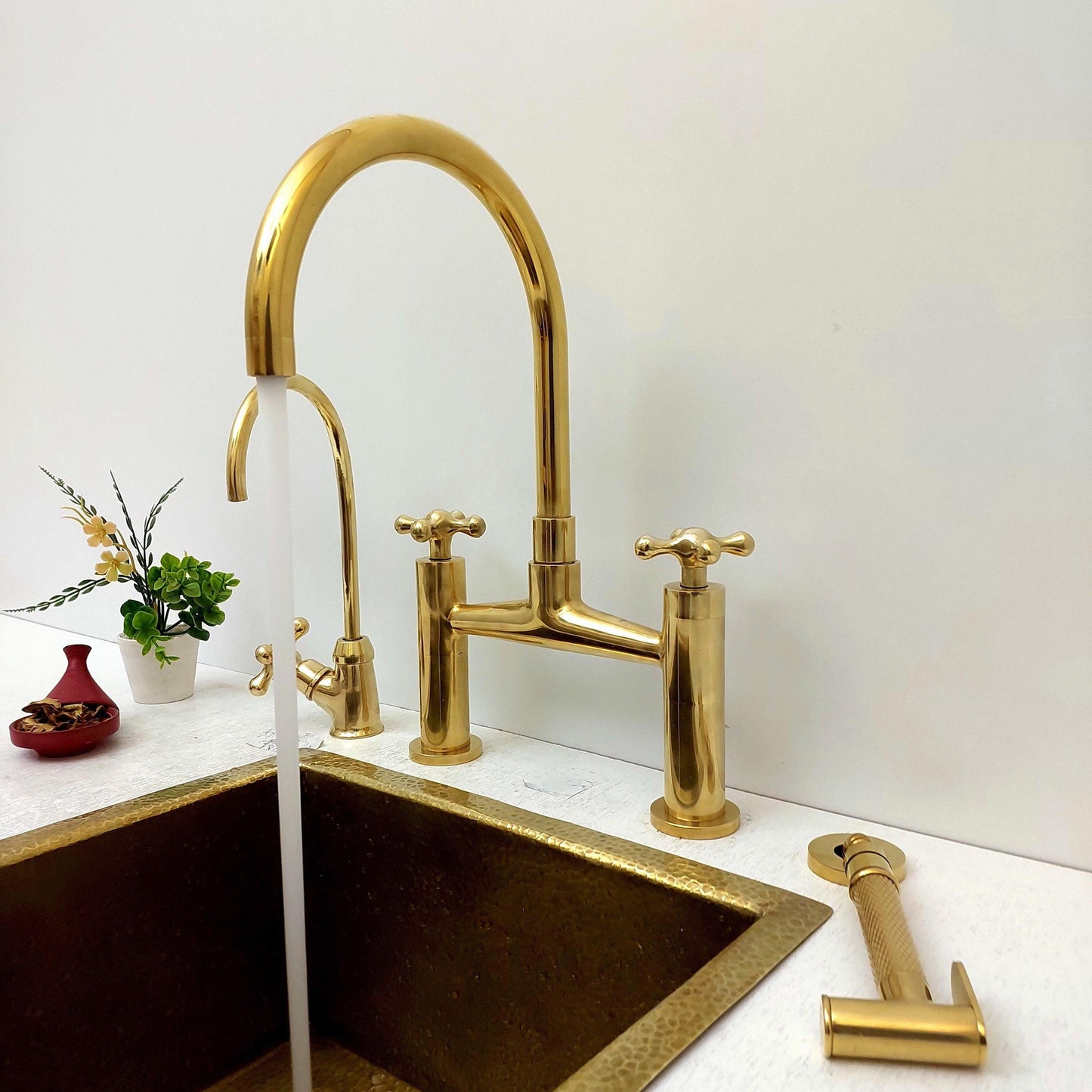 Unlacquered Brass Bridge Kitchen Faucet With Sprayer, Cold Water Faucet And Cross Handles - Ref:AKFC-1