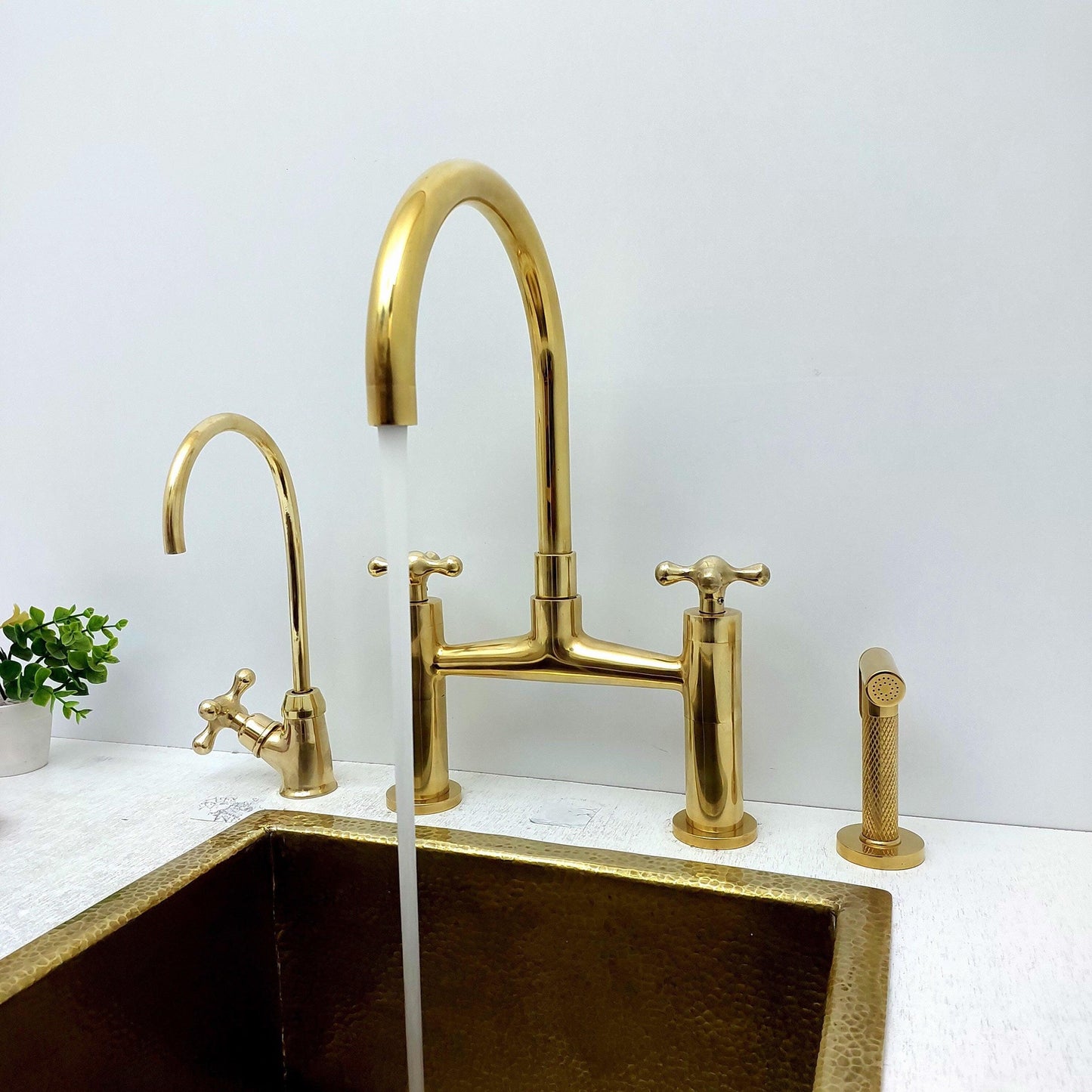 Unlacquered Brass Bridge Kitchen Faucet With Sprayer, Cold Water Faucet And Cross Handles - Ref:AKFC-1