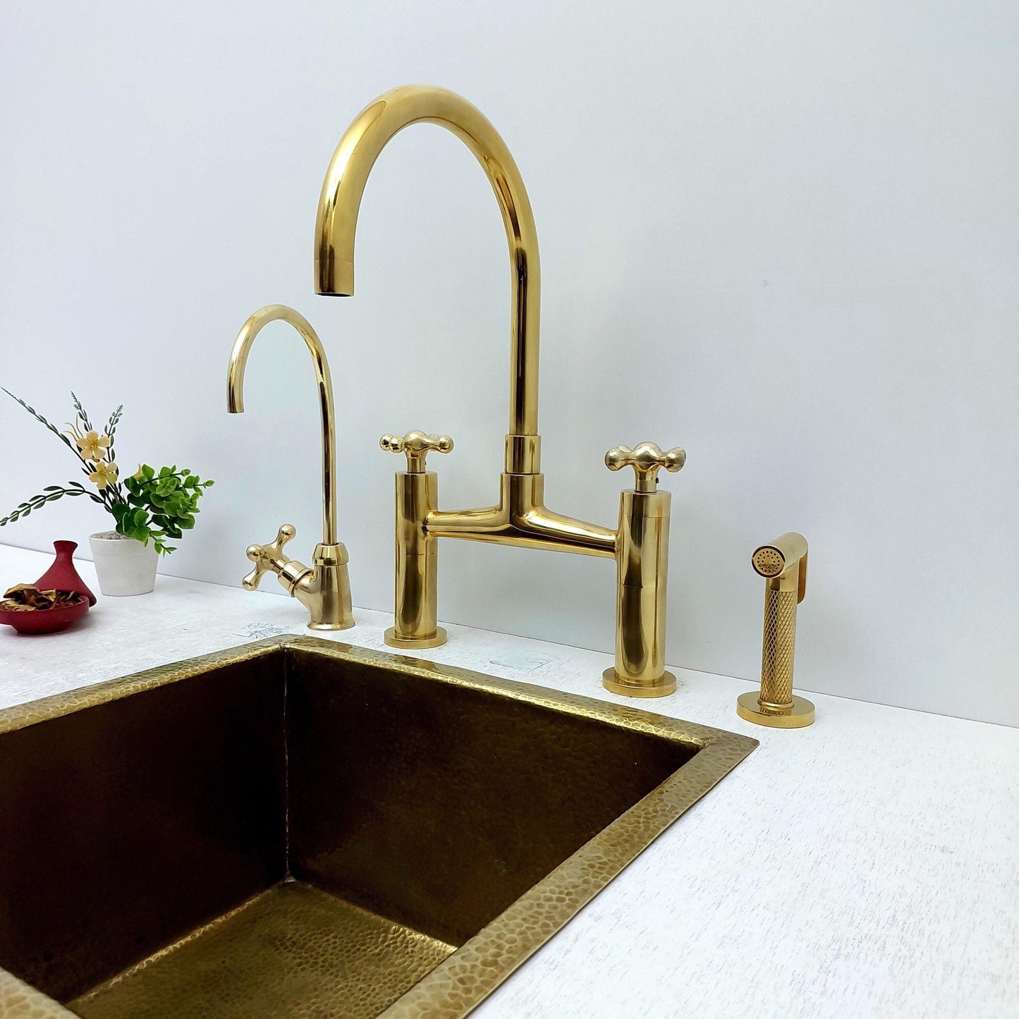 Unlacquered Brass Bridge Kitchen Faucet With Sprayer, Cold Water Faucet And Cross Handles - Ref:AKFC-1