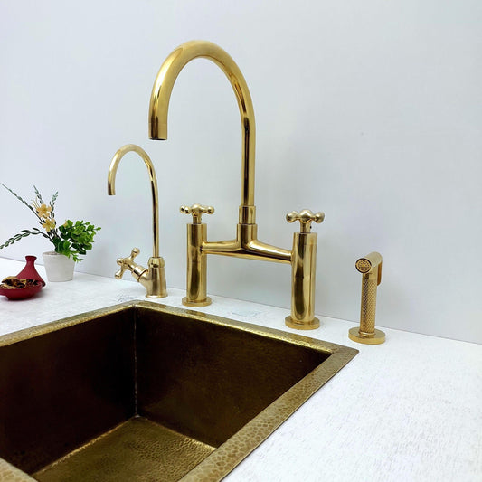 Unlacquered Brass Bridge Kitchen Faucet With Sprayer, Cold Water Faucet And Cross Handles - Ref:AKFC-1