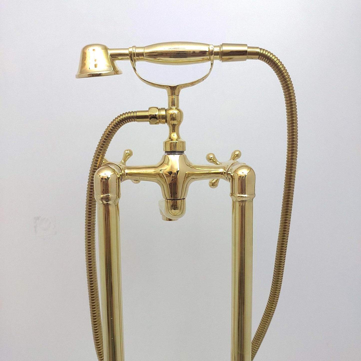 Unlacquered Brass Freestanding Bathtub Faucet, Floor Mounted Tub Filler with Hand Shower - Ref: TF002