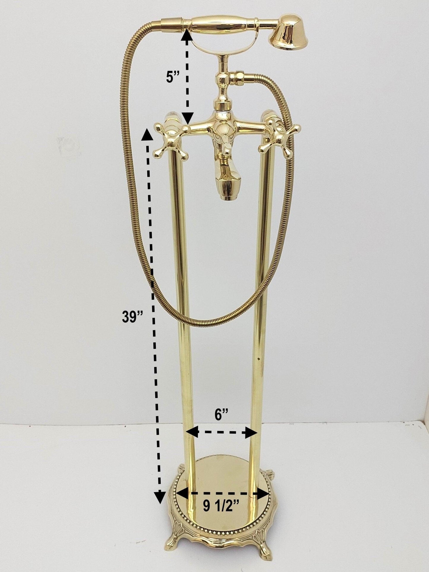 Unlacquered Brass Freestanding Bathtub Faucet, Floor Mounted Tub Filler with Hand Shower - Ref: TF002