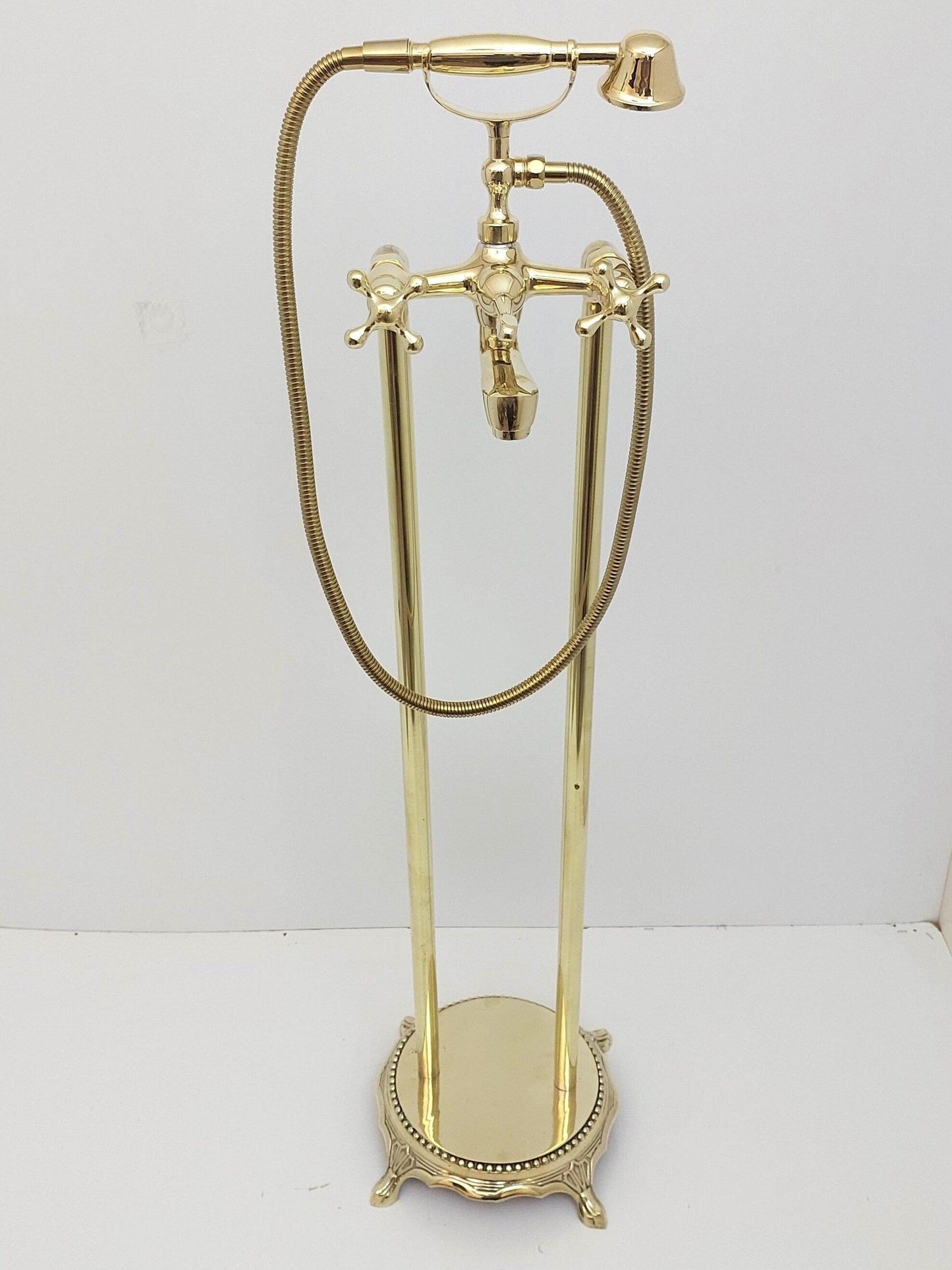 Unlacquered Brass Freestanding Bathtub Faucet, Floor Mounted Tub Filler with Hand Shower - Ref: TF002