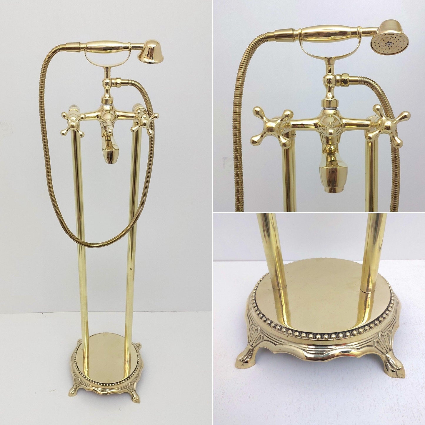 Unlacquered Brass Freestanding Bathtub Faucet, Floor Mounted Tub Filler with Hand Shower - Ref: TF002