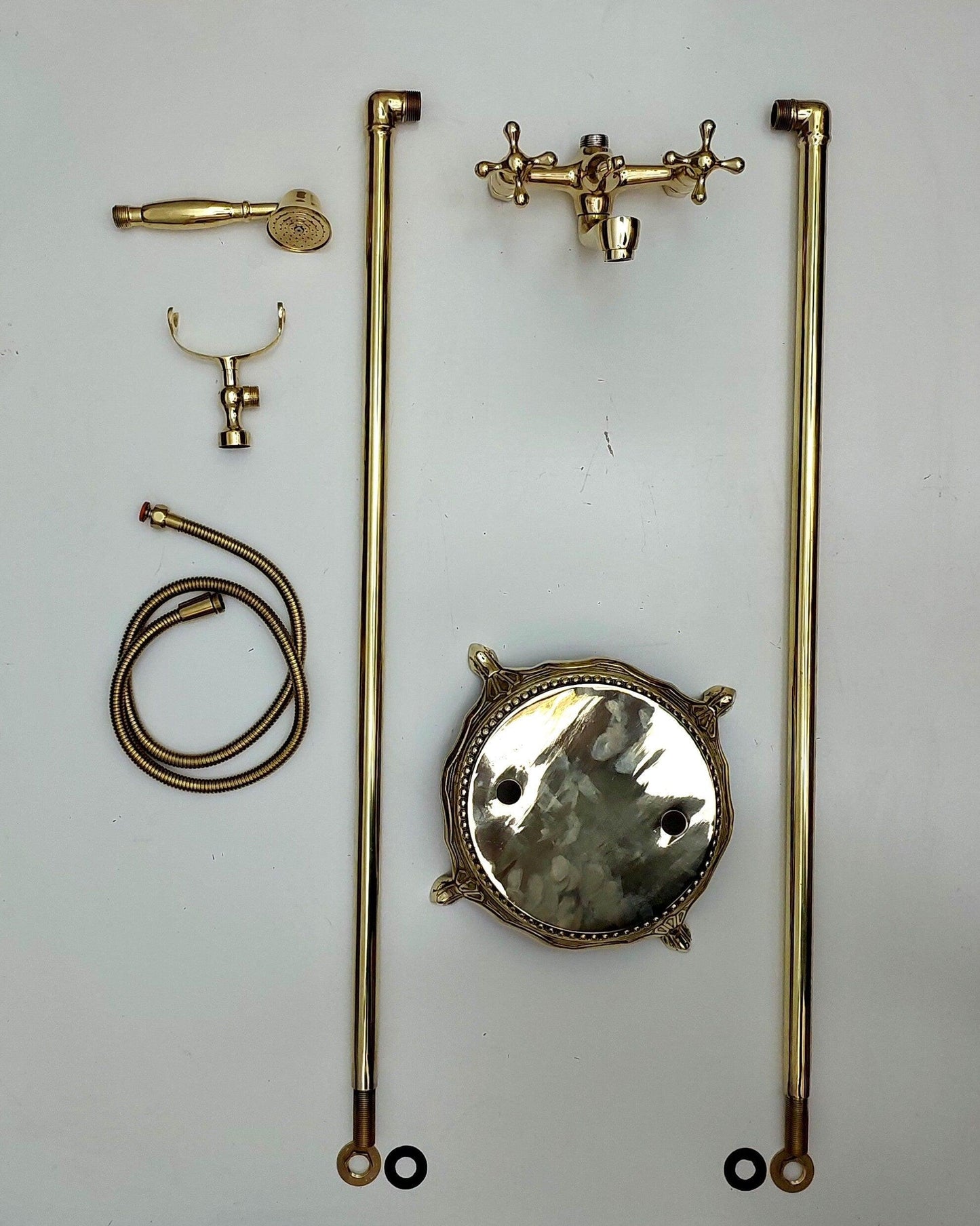 Unlacquered Brass Freestanding Bathtub Faucet, Floor Mounted Tub Filler with Hand Shower - Ref: TF002