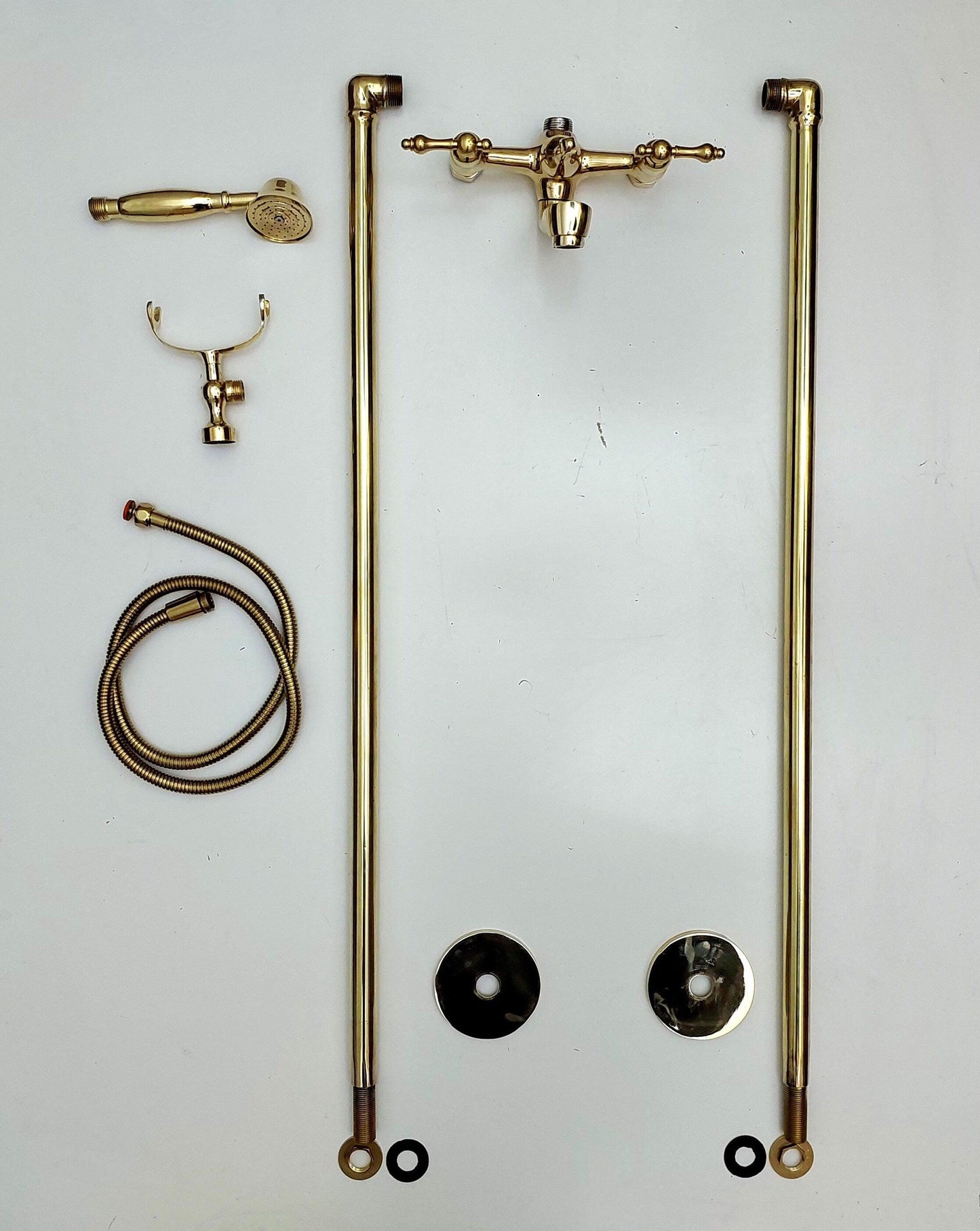 Unlacquered Brass Freestanding Bathtub Faucet, Floor Mounted Tub Filler with Hand Shower - Ref: TF003-L