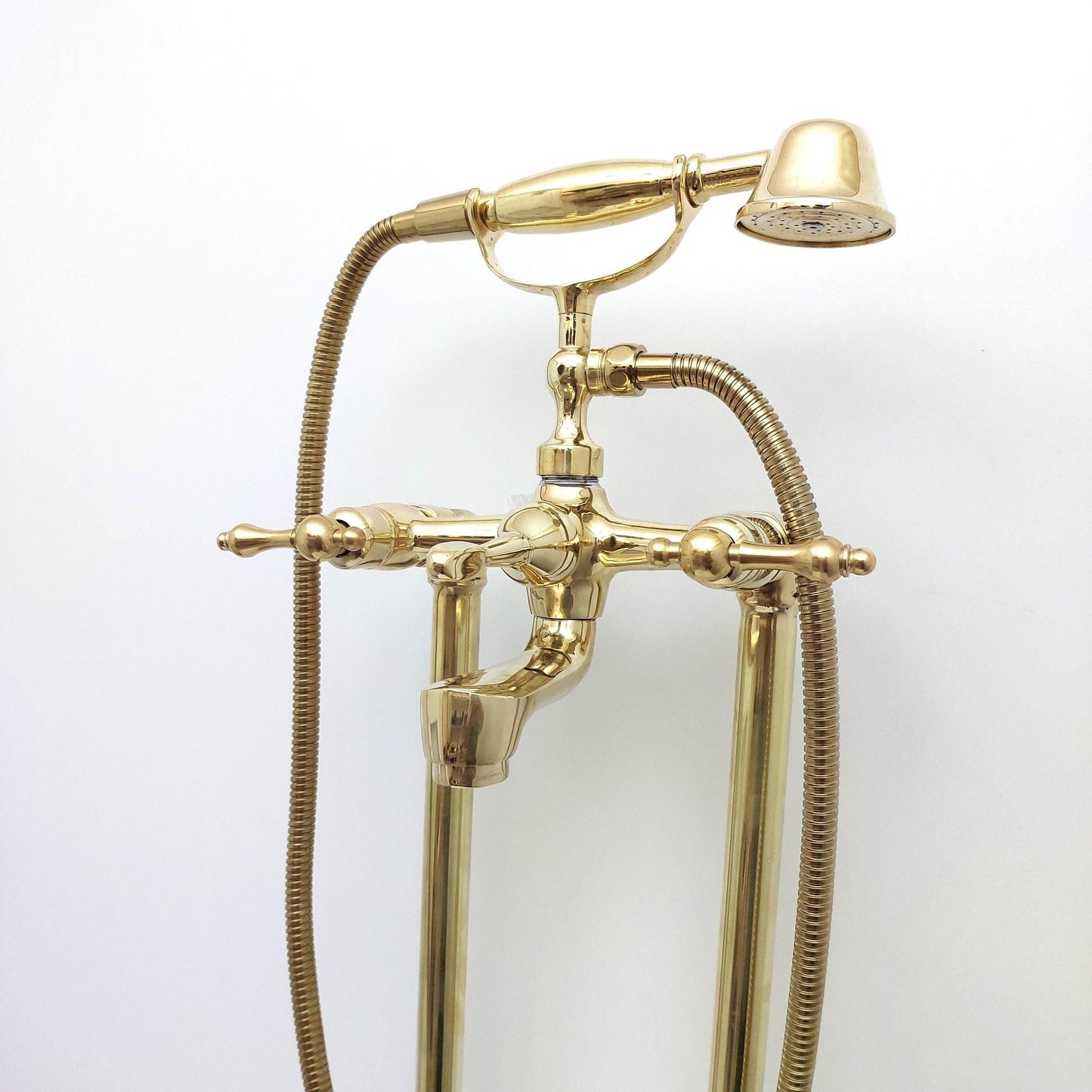 Unlacquered Brass Freestanding Bathtub Faucet, Floor Mounted Tub Filler with Hand Shower - Ref: TF003-L