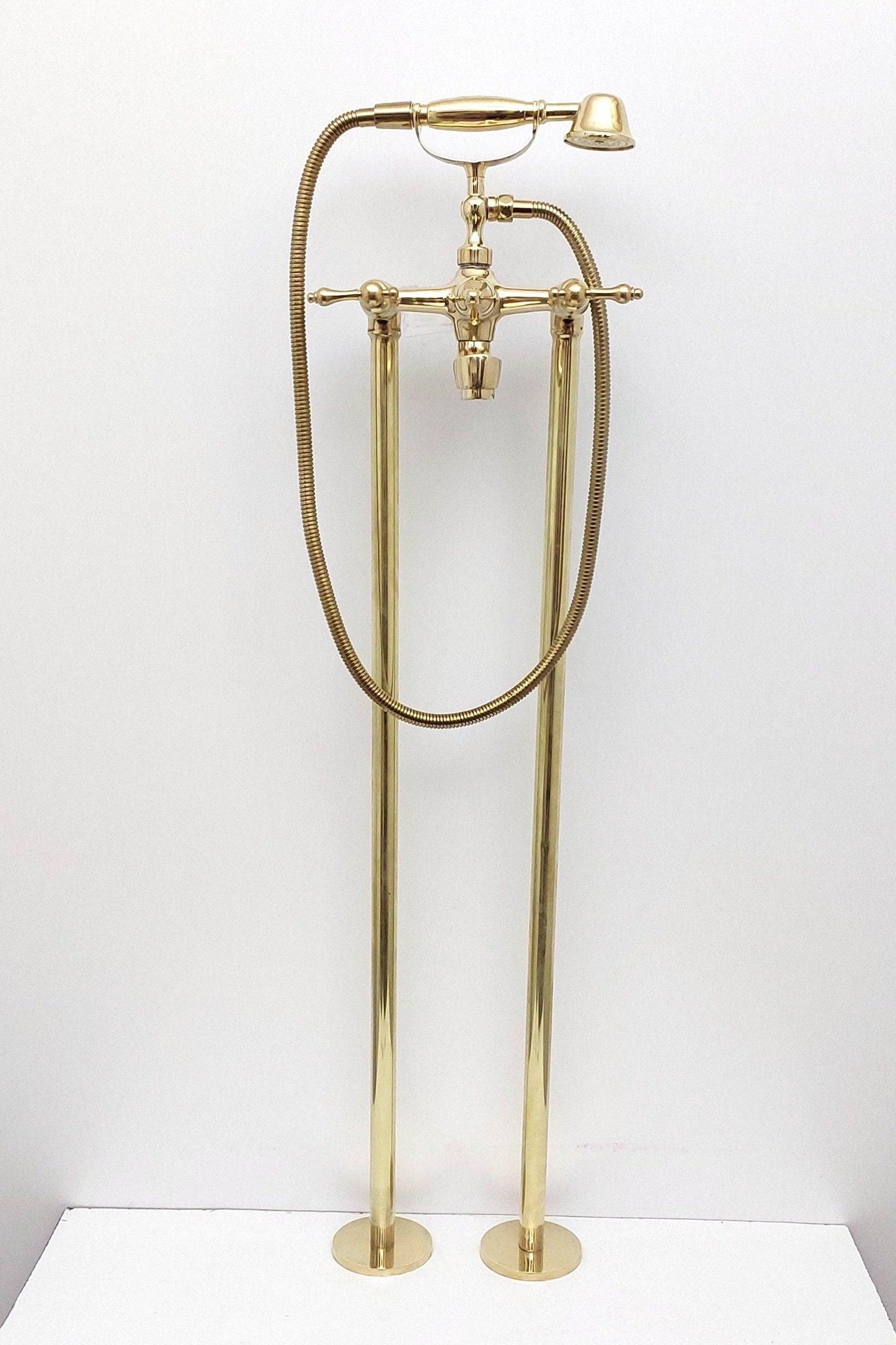 Unlacquered Brass Freestanding Bathtub Faucet, Floor Mounted Tub Filler with Hand Shower - Ref: TF003-L