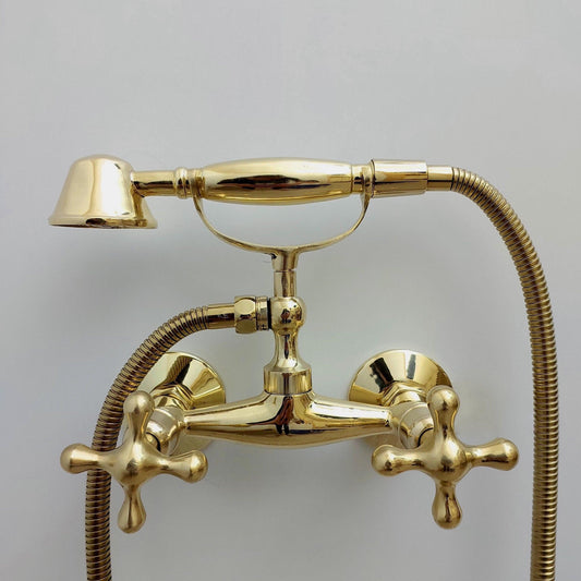 Unlacquered Brass Wall Mount Handheld Shower System with Cross handles - Ref: SS024-C