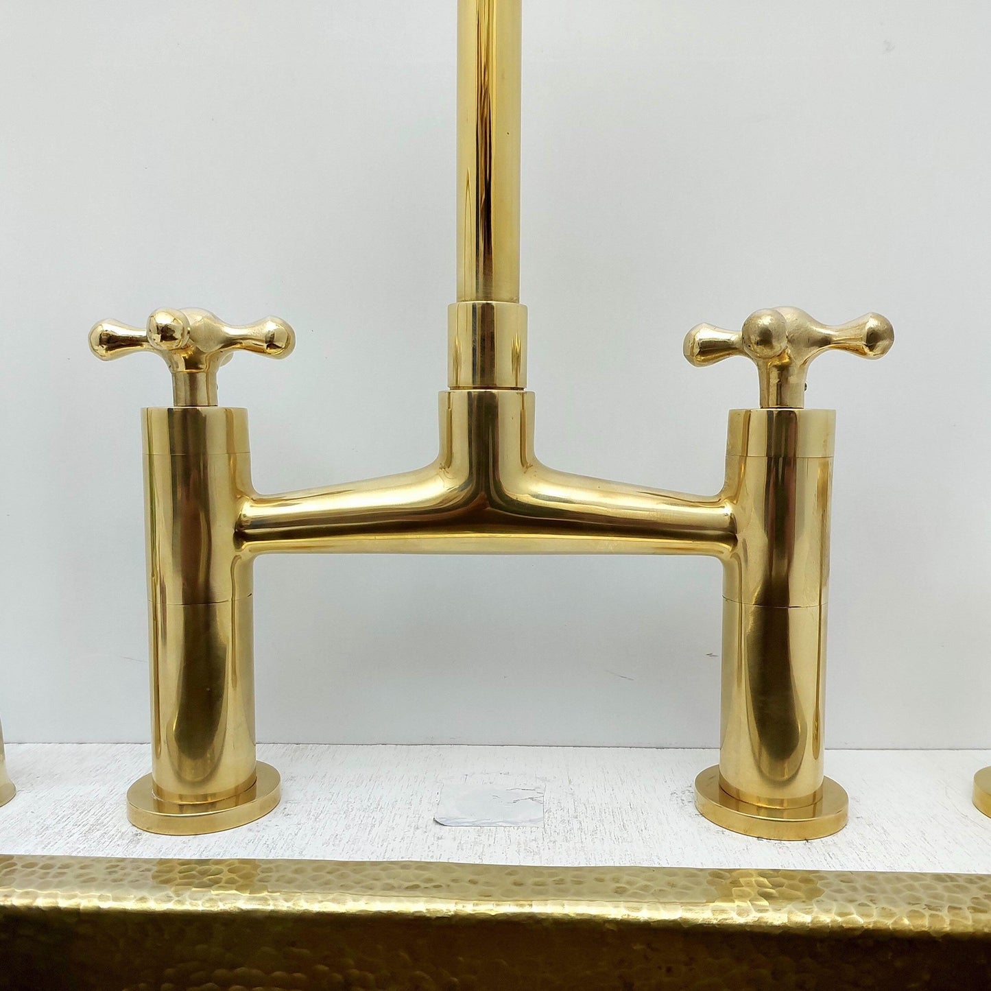 Unlacquered Brass Bridge Kitchen Faucet With Sprayer, Cold Water Faucet And Cross Handles - Ref:AKFC-1