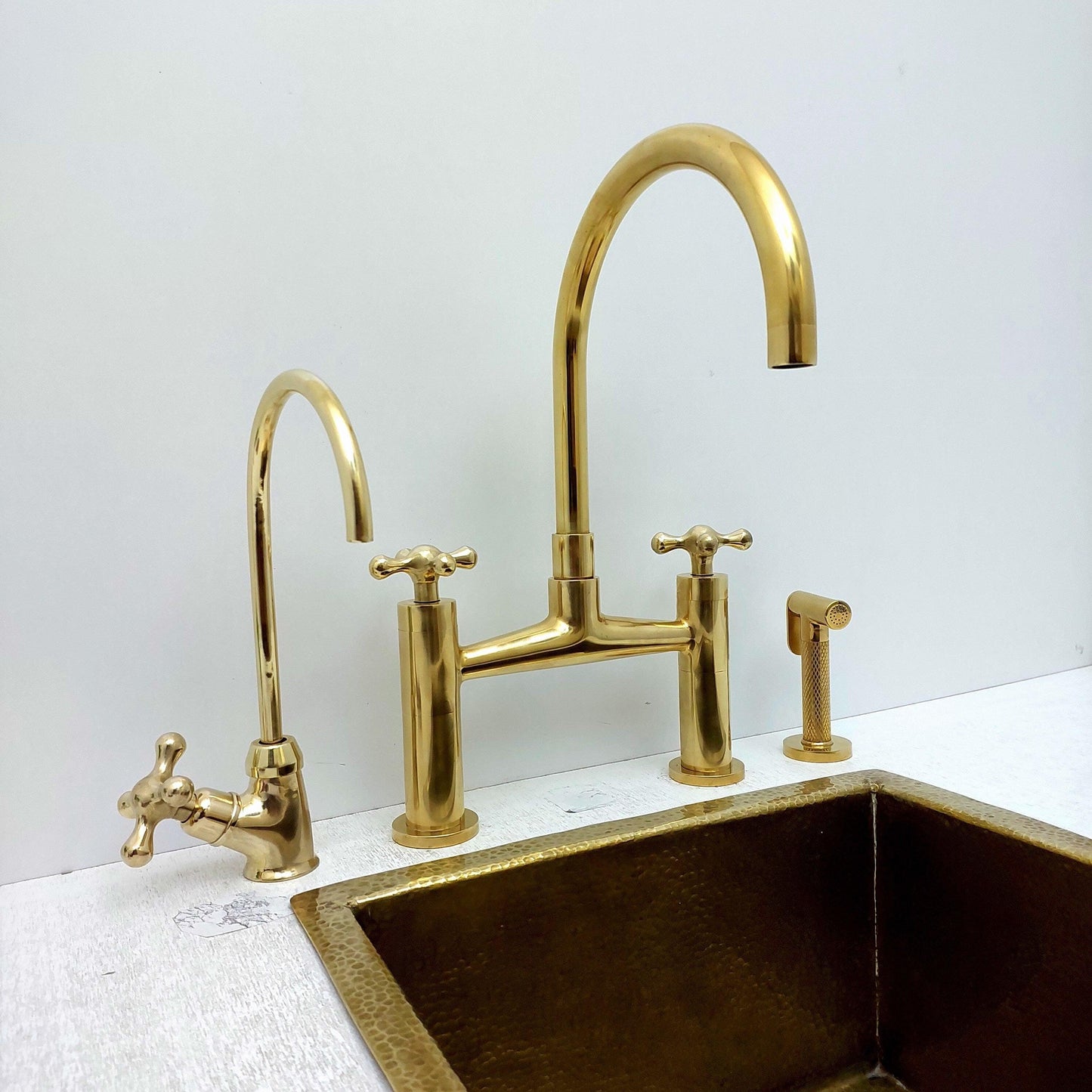 Unlacquered Brass Bridge Kitchen Faucet With Sprayer, Cold Water Faucet And Cross Handles - Ref:AKFC-1