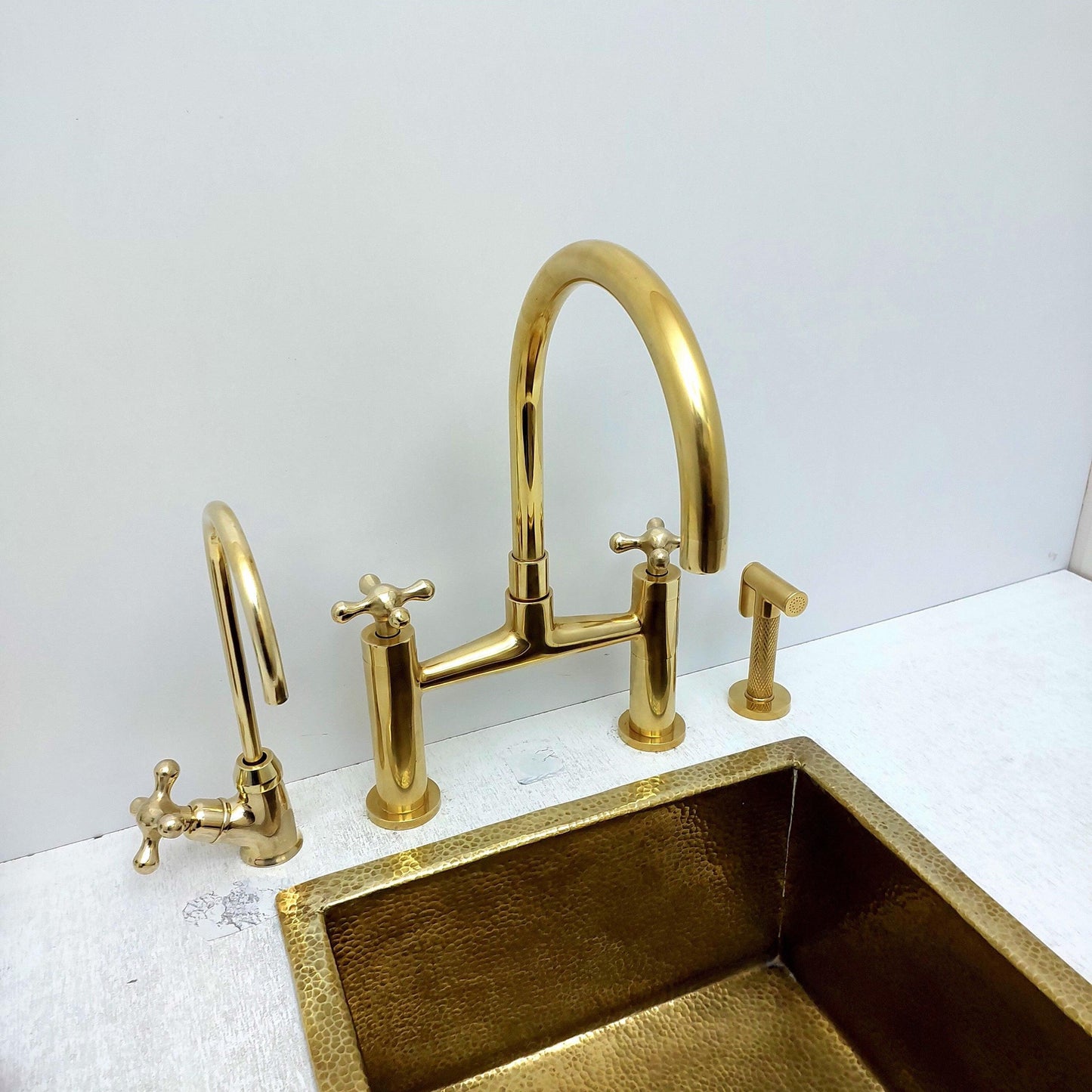 Unlacquered Brass Bridge Kitchen Faucet With Sprayer, Cold Water Faucet And Cross Handles - Ref:AKFC-1