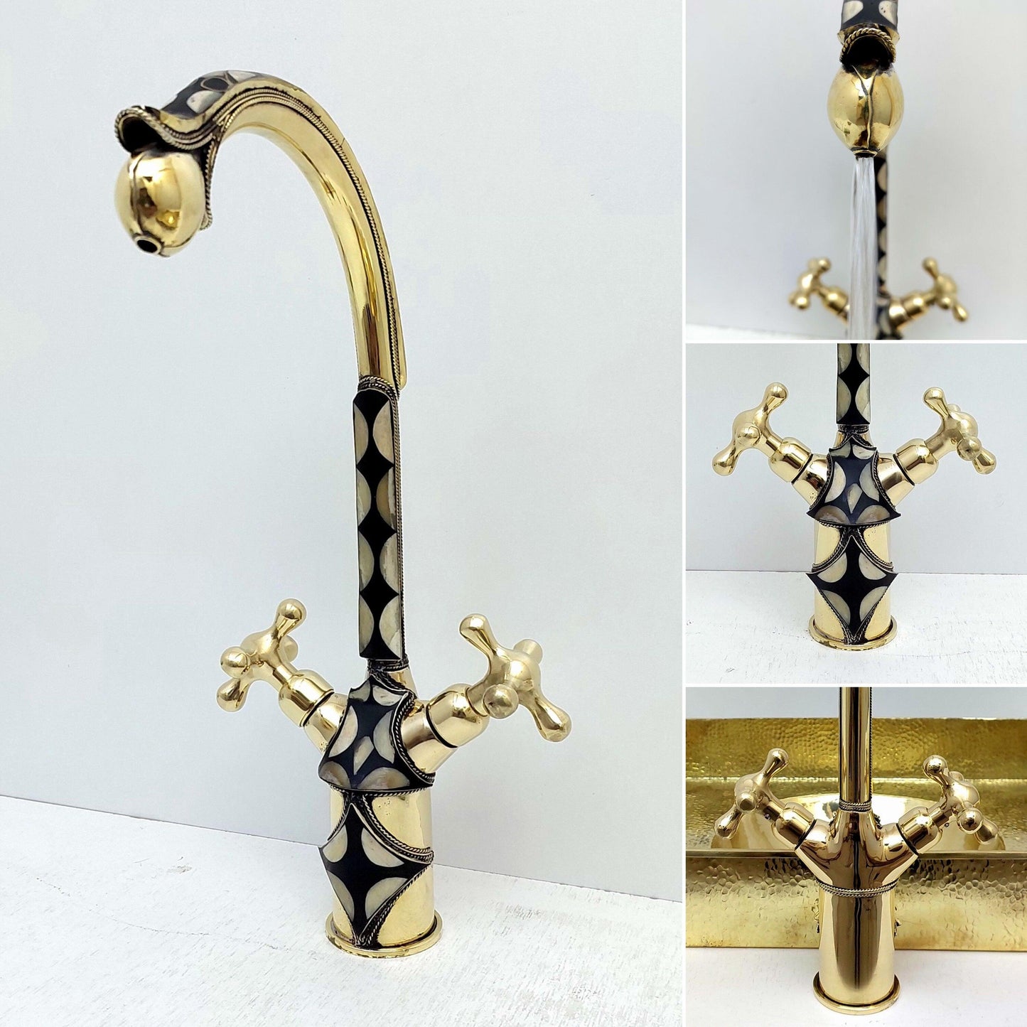 Unlacquered Brass And Resin Bathroom Faucet with Cross Handles - Ref: FA002-S
