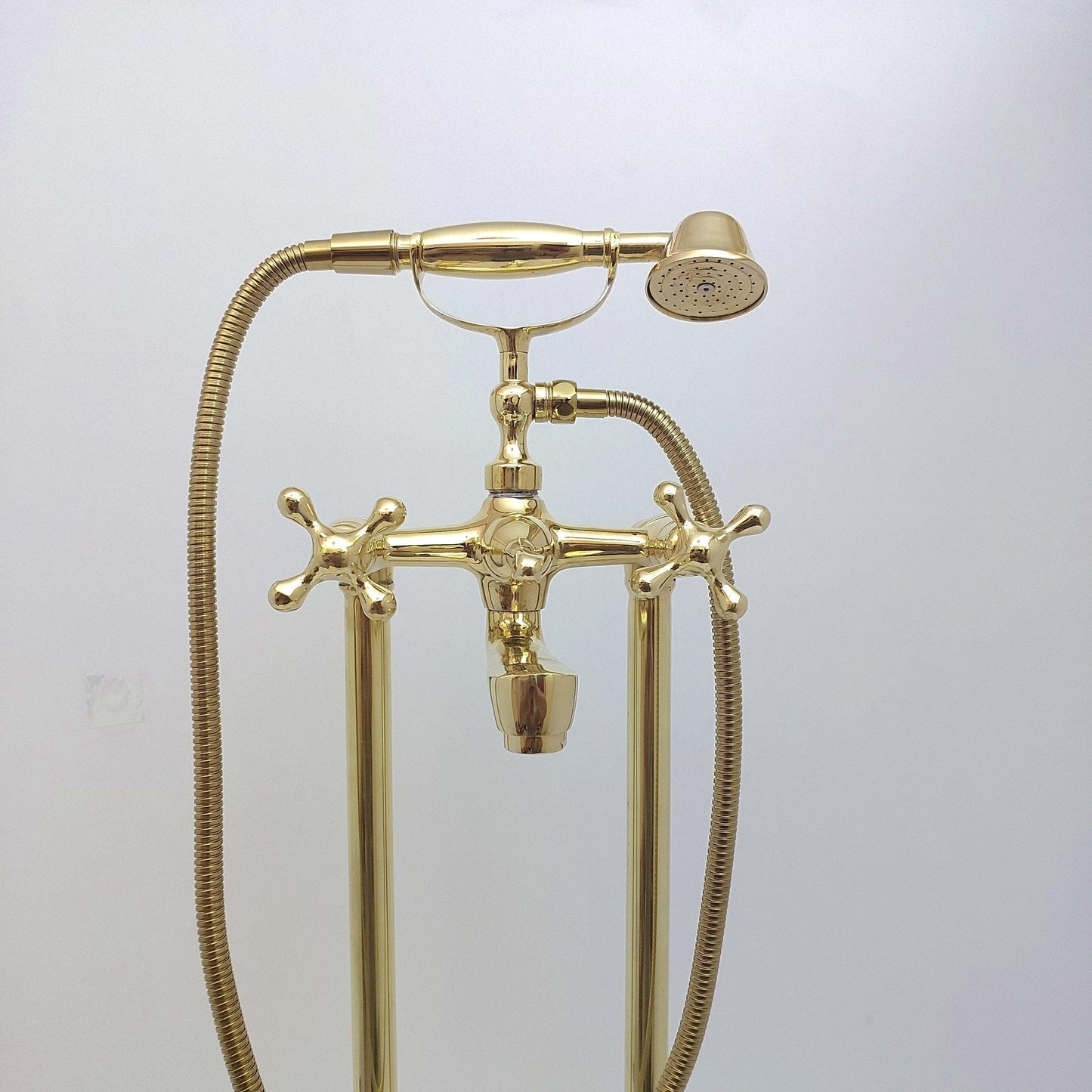 Unlacquered Brass Freestanding Bathtub Faucet, Floor Mounted Tub Filler with Hand Shower - Ref: TF002