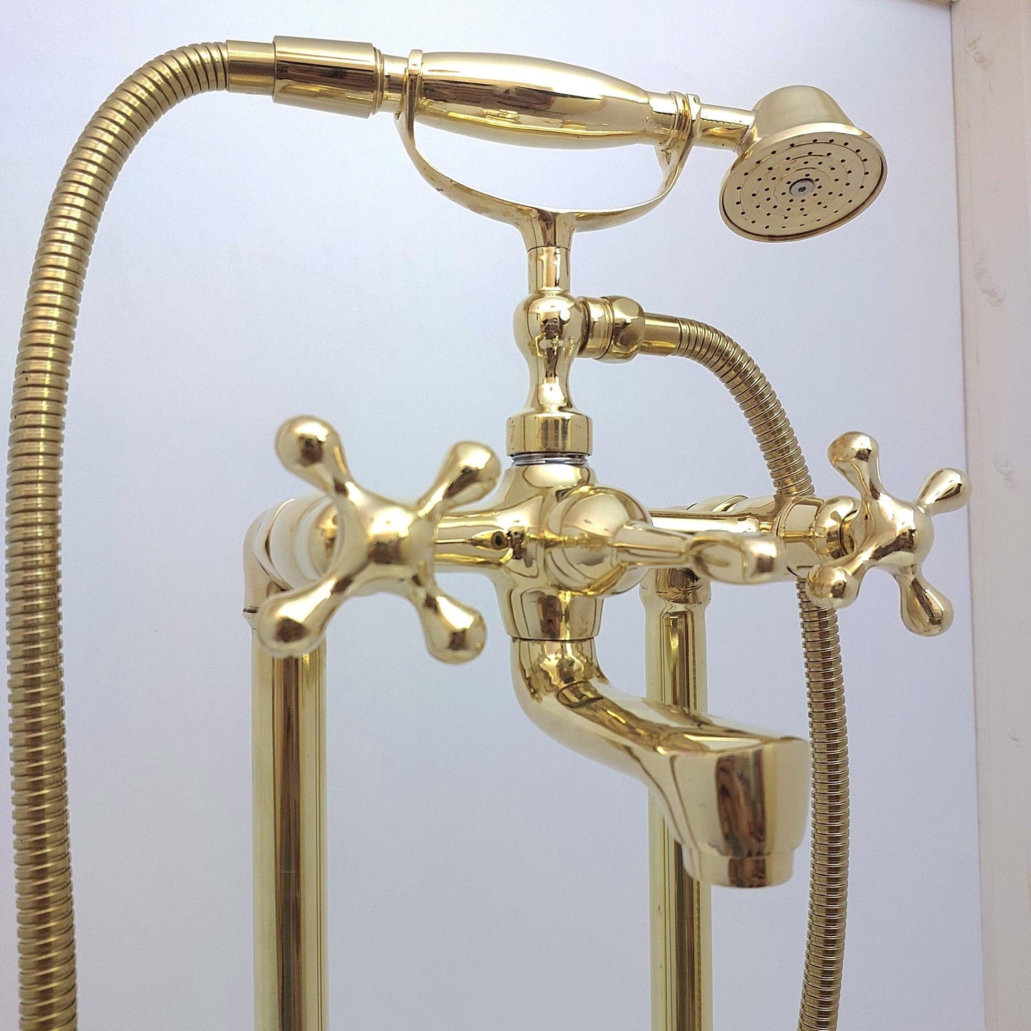 Unlacquered Brass Freestanding Bathtub Faucet, Floor Mounted Tub Filler with Hand Shower - Ref: TF002