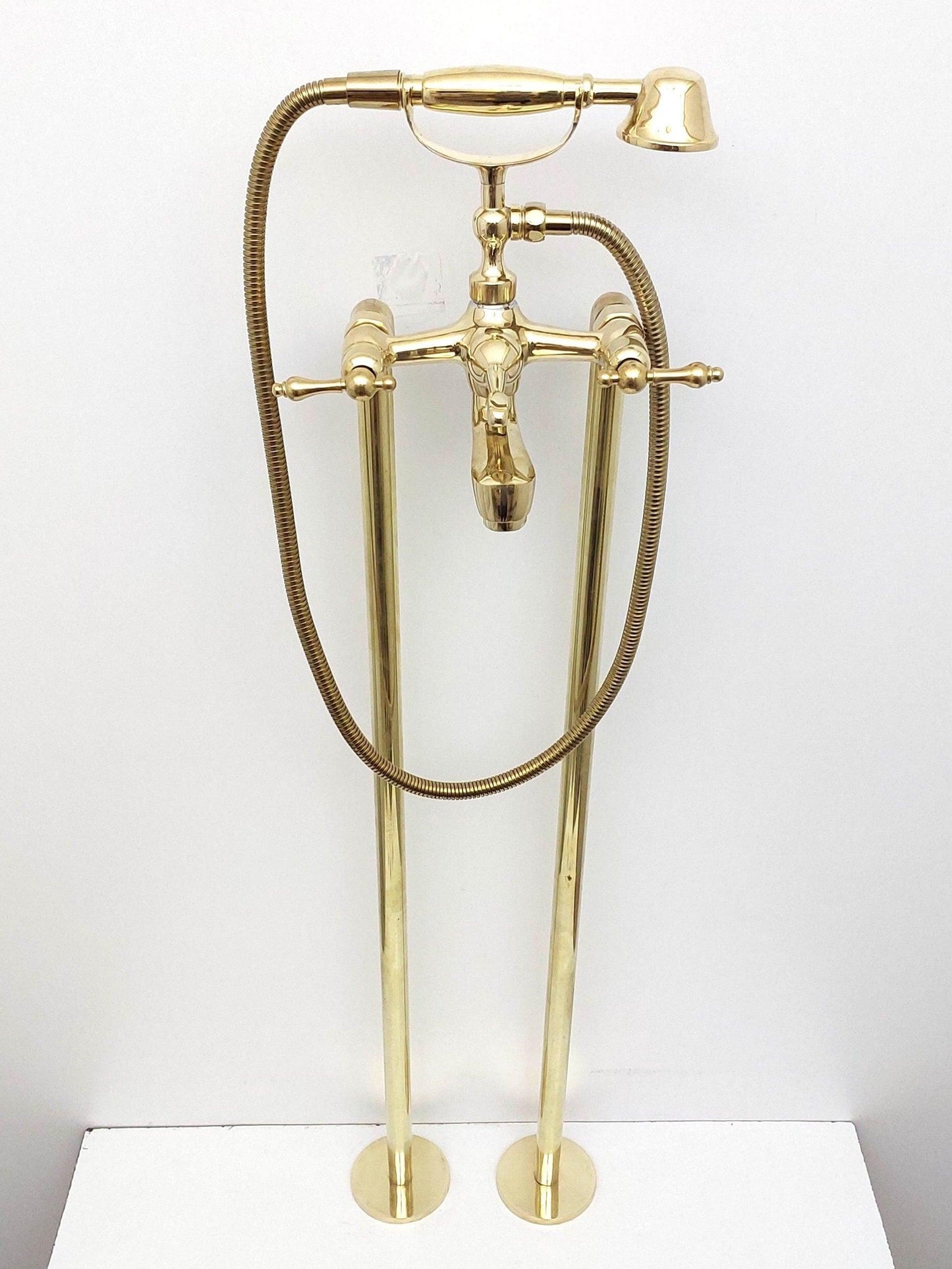 Unlacquered Brass Freestanding Bathtub Faucet, Floor Mounted Tub Filler with Hand Shower - Ref: TF003-L