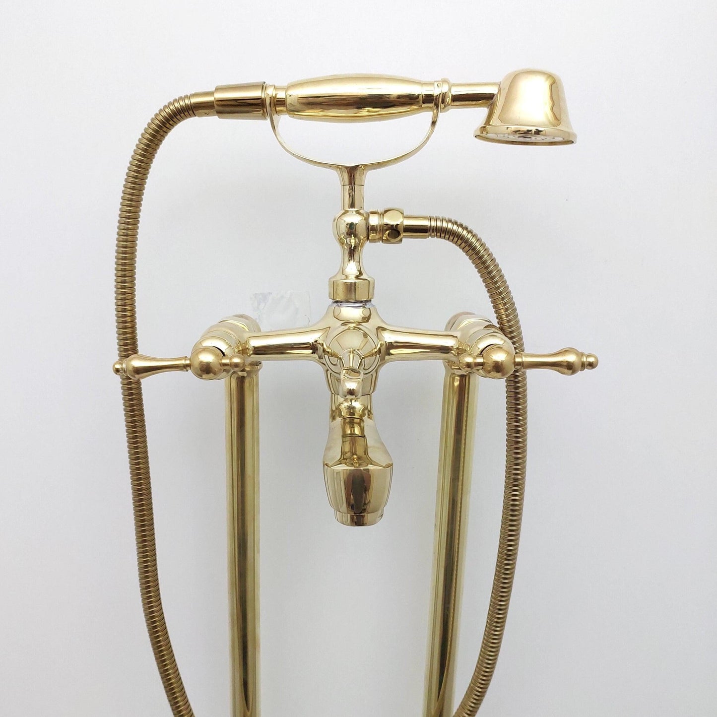 Unlacquered Brass Freestanding Bathtub Faucet, Floor Mounted Tub Filler with Hand Shower - Ref: TF003-L