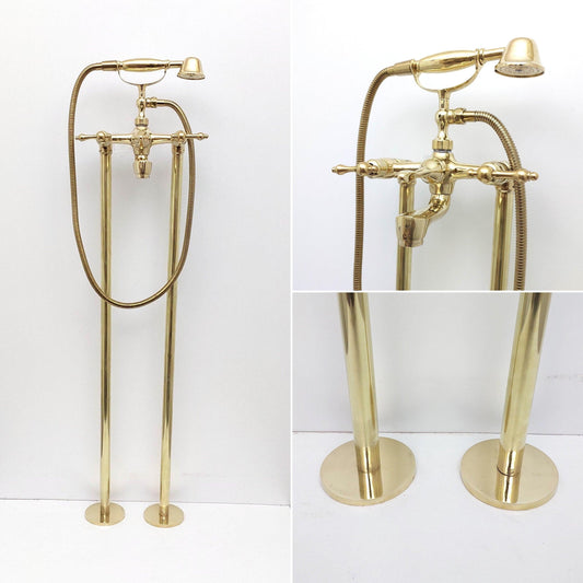 Unlacquered Brass Freestanding Bathtub Faucet, Floor Mounted Tub Filler with Hand Shower - Ref: TF003-L