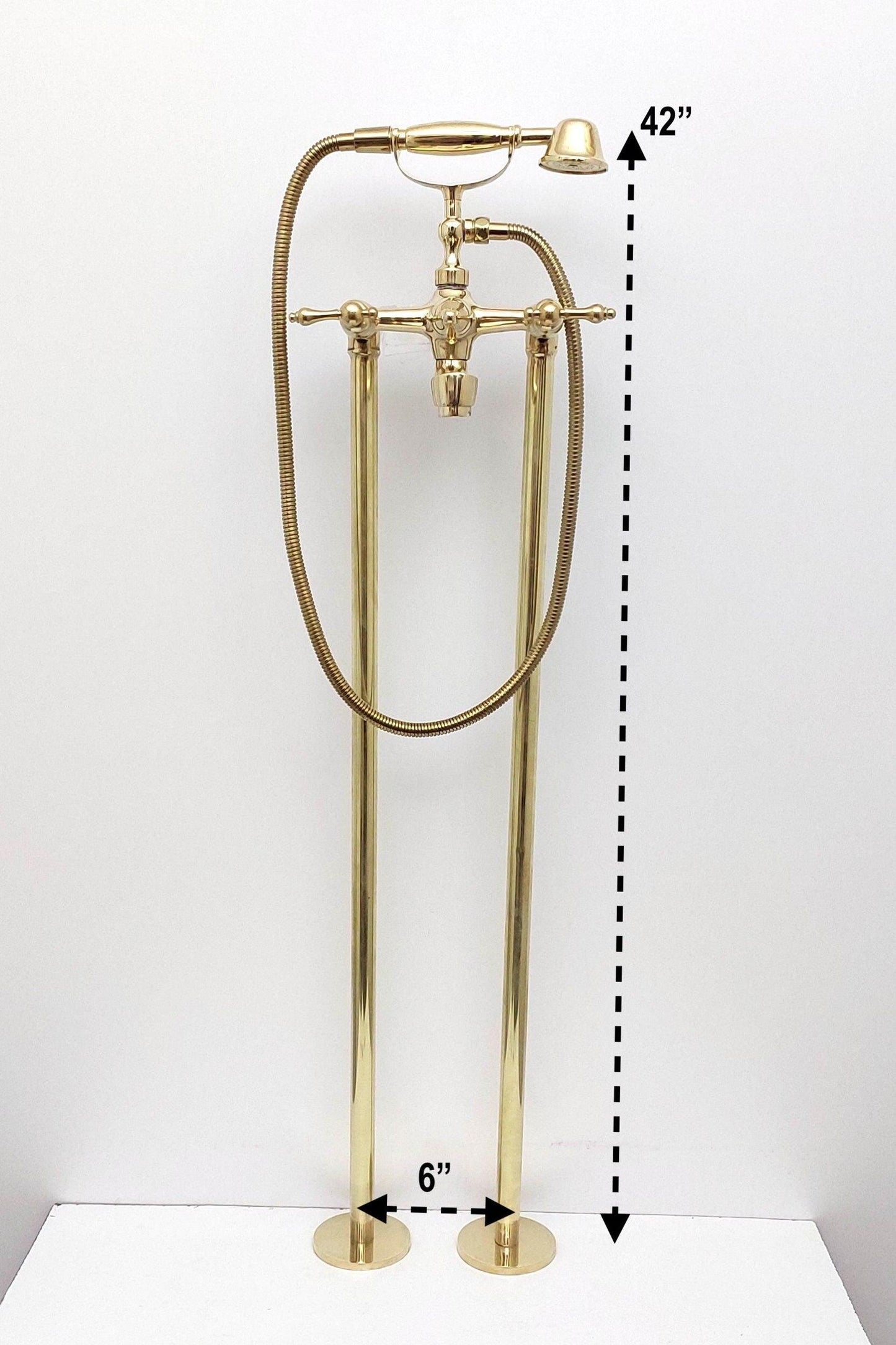 Unlacquered Brass Freestanding Bathtub Faucet, Floor Mounted Tub Filler with Hand Shower - Ref: TF003-L