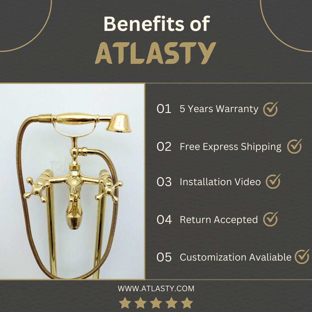 Unlacquered Brass Freestanding Bathtub Faucet, Floor Mounted Tub Filler with Hand Shower - Ref: TF003-C