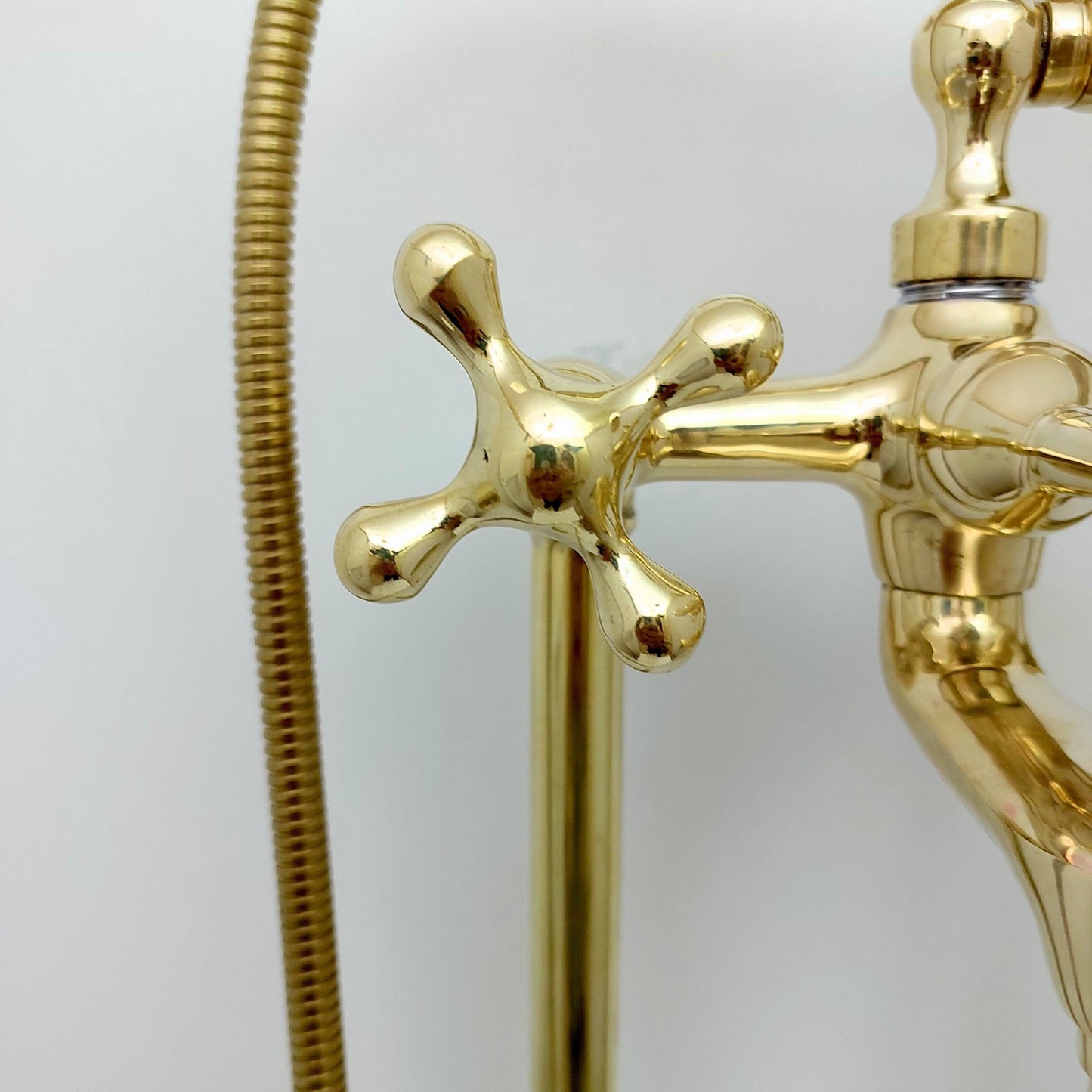 Unlacquered Brass Freestanding Bathtub Faucet, Floor Mounted Tub Filler with Hand Shower - Ref: TF003-C