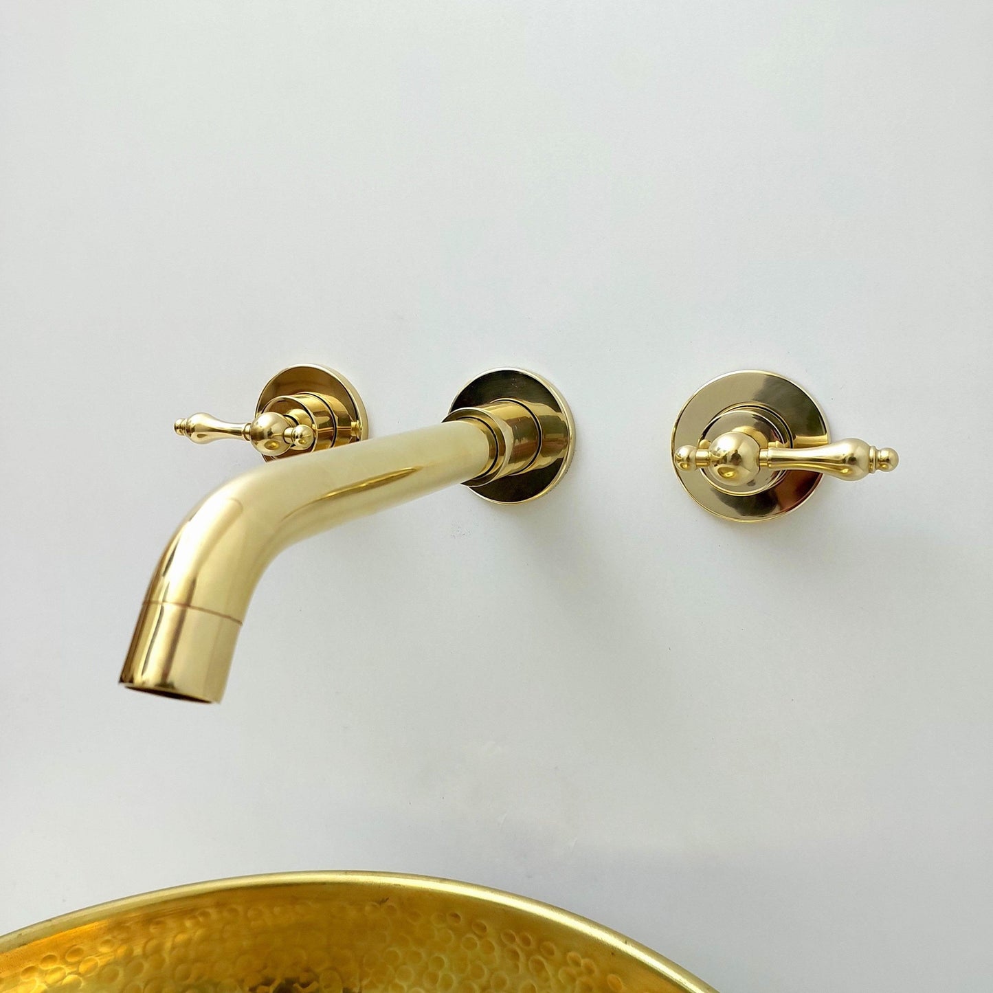 Unlacquered Brass Wall Mount Faucet, Gooseneck Faucet with Lever Handles - Ref: WFL004