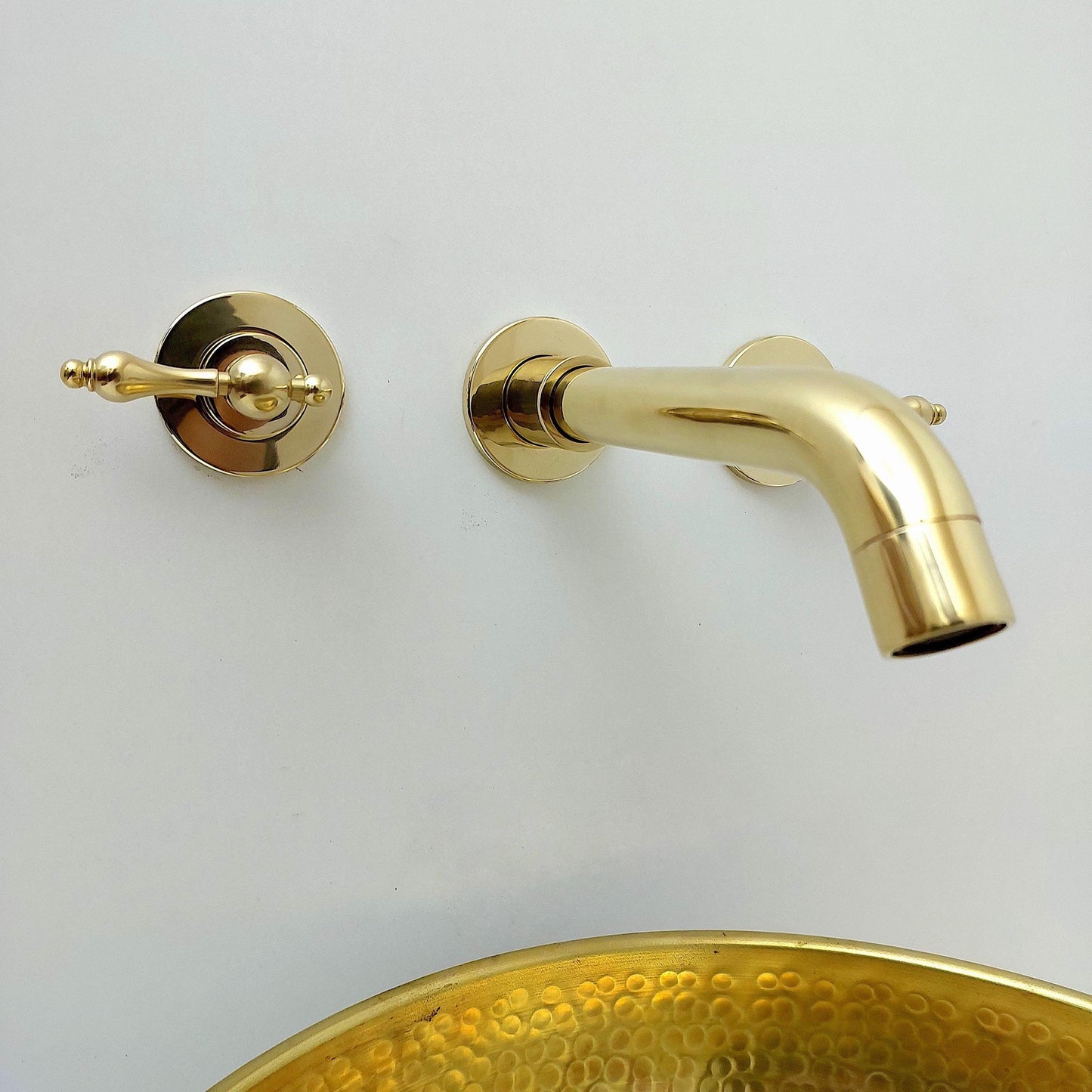 Unlacquered Brass Wall Mount Faucet, Gooseneck Faucet with Lever Handles - Ref: WFL004