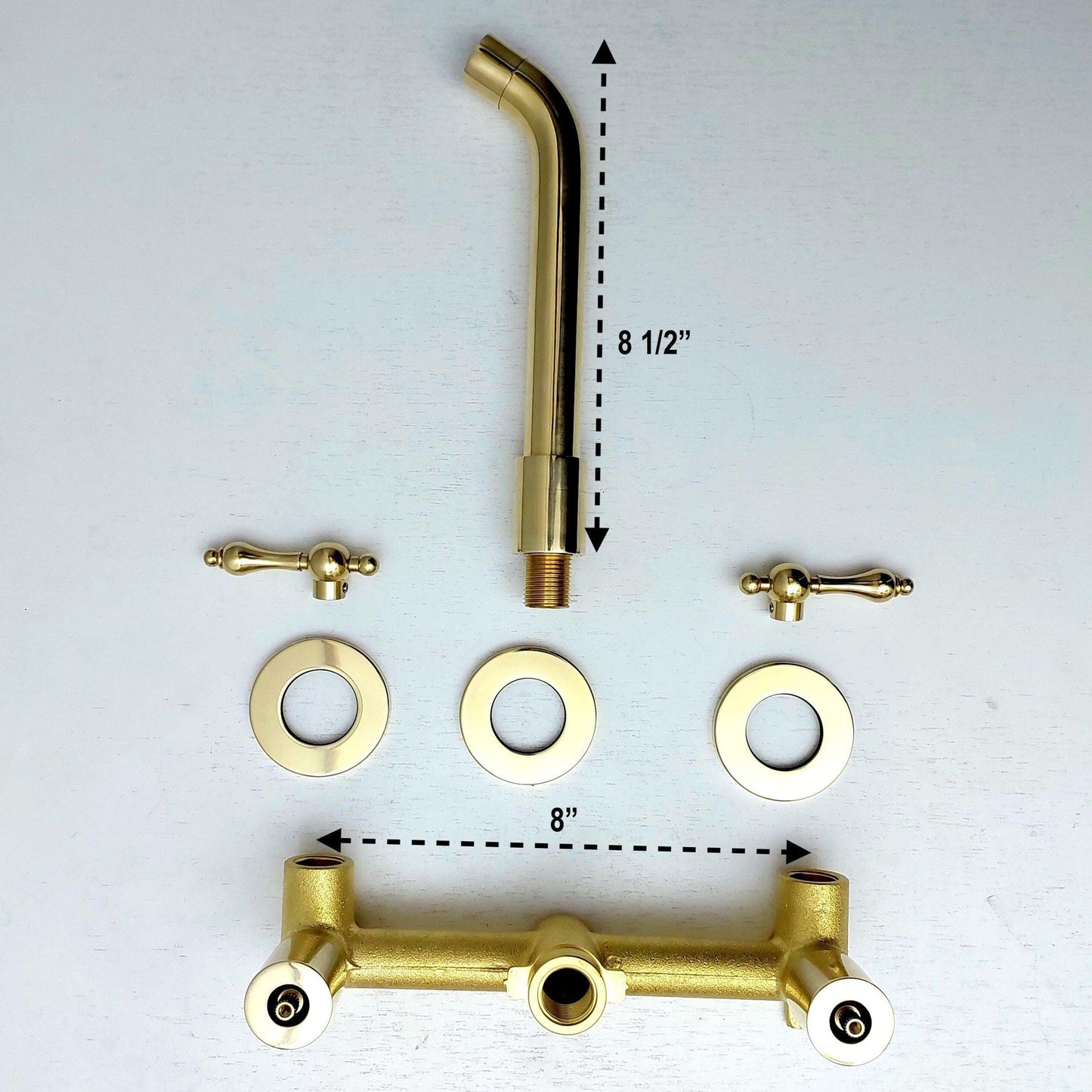 Unlacquered Brass Wall Mount Faucet, Gooseneck Faucet with Lever Handles - Ref: WFL004