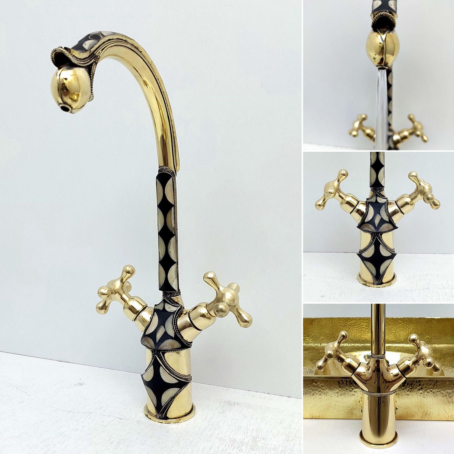 Unlacquered Brass and Resin Bathroom Sink with Faucet, Antique Brass Vanity Vessel Sink - Ref: SN014