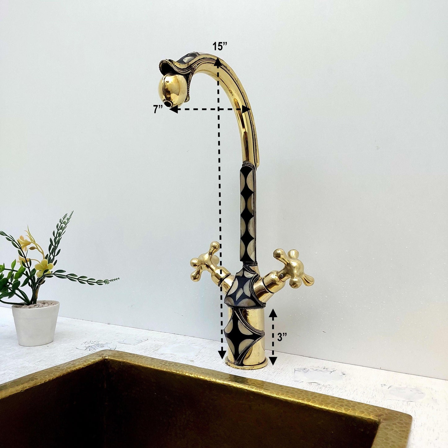 Unlacquered Brass and Resin Bathroom Sink with Faucet, Antique Brass Vanity Vessel Sink - Ref: SN014