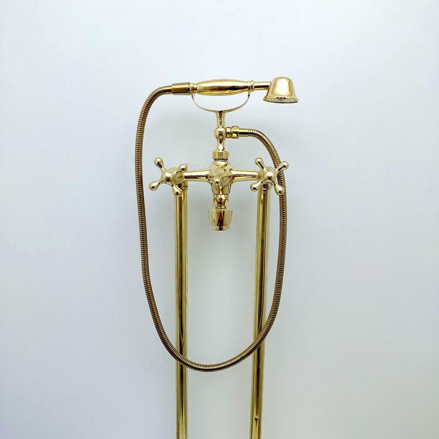 Unlacquered Brass Freestanding Bathtub Faucet, Floor Mounted Tub Filler with Hand Shower - Ref: TF003-C