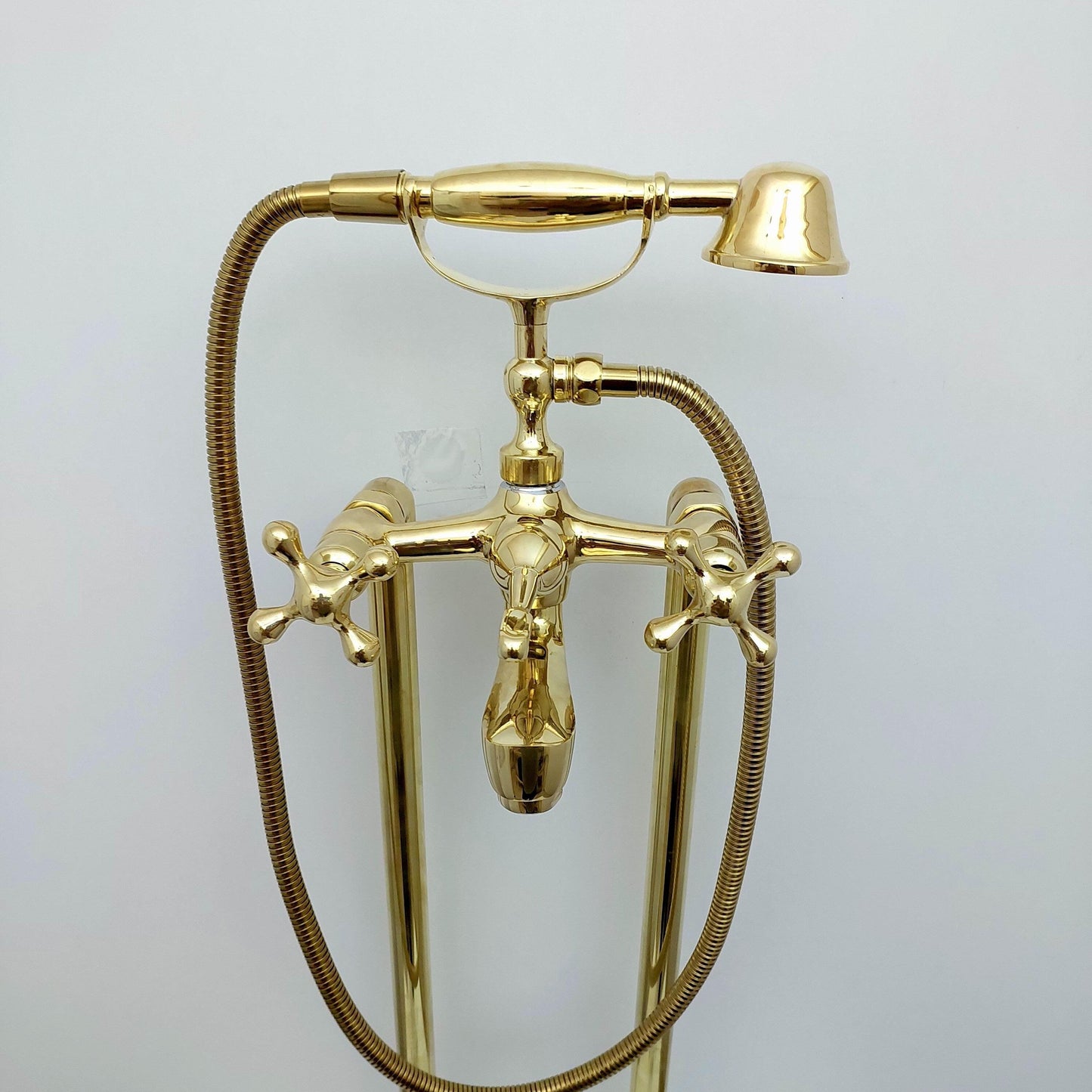 Unlacquered Brass Freestanding Bathtub Faucet, Floor Mounted Tub Filler with Hand Shower - Ref: TF003-C