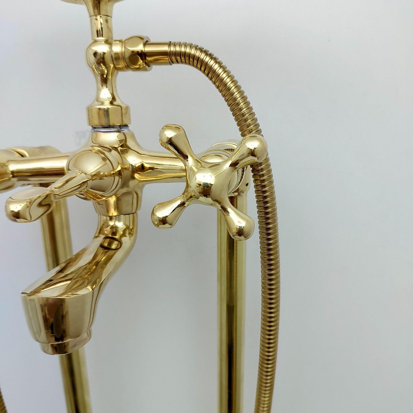 Unlacquered Brass Freestanding Bathtub Faucet, Floor Mounted Tub Filler with Hand Shower - Ref: TF003-C