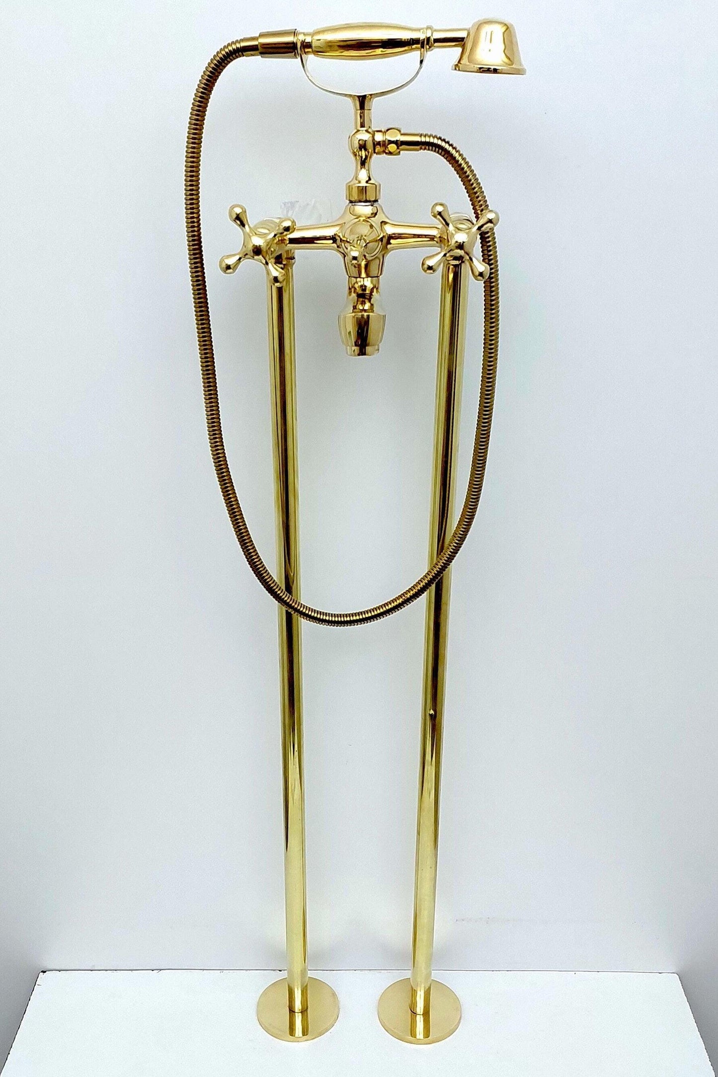 Unlacquered Brass Freestanding Bathtub Faucet, Floor Mounted Tub Filler with Hand Shower - Ref: TF003-C