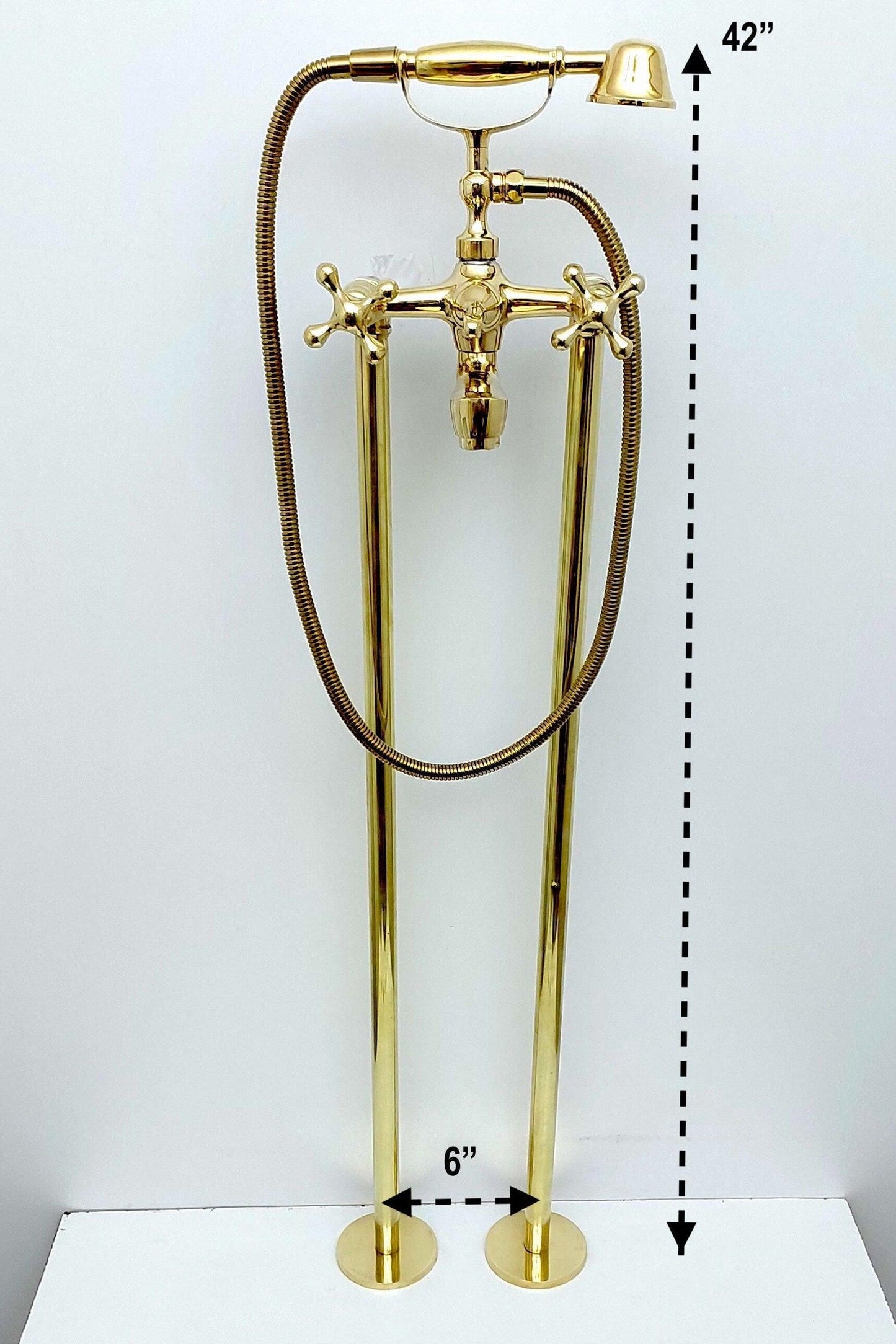 Unlacquered Brass Freestanding Bathtub Faucet, Floor Mounted Tub Filler with Hand Shower - Ref: TF003-C