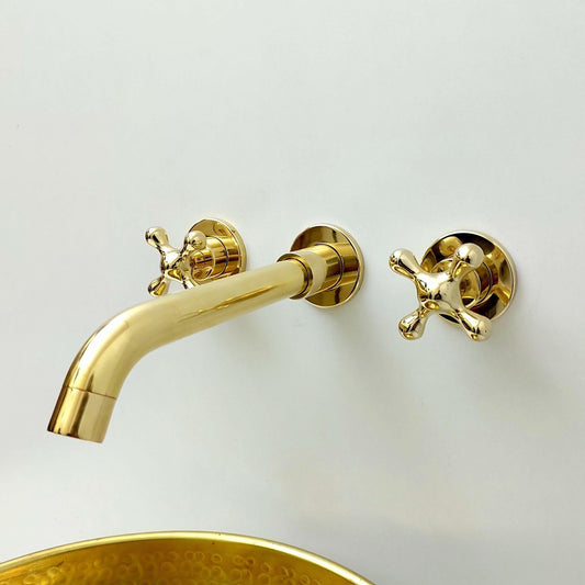 Unlacquered Brass Wall Mount Faucet, Gooseneck Faucet with Cross Handles - Ref: WFC003