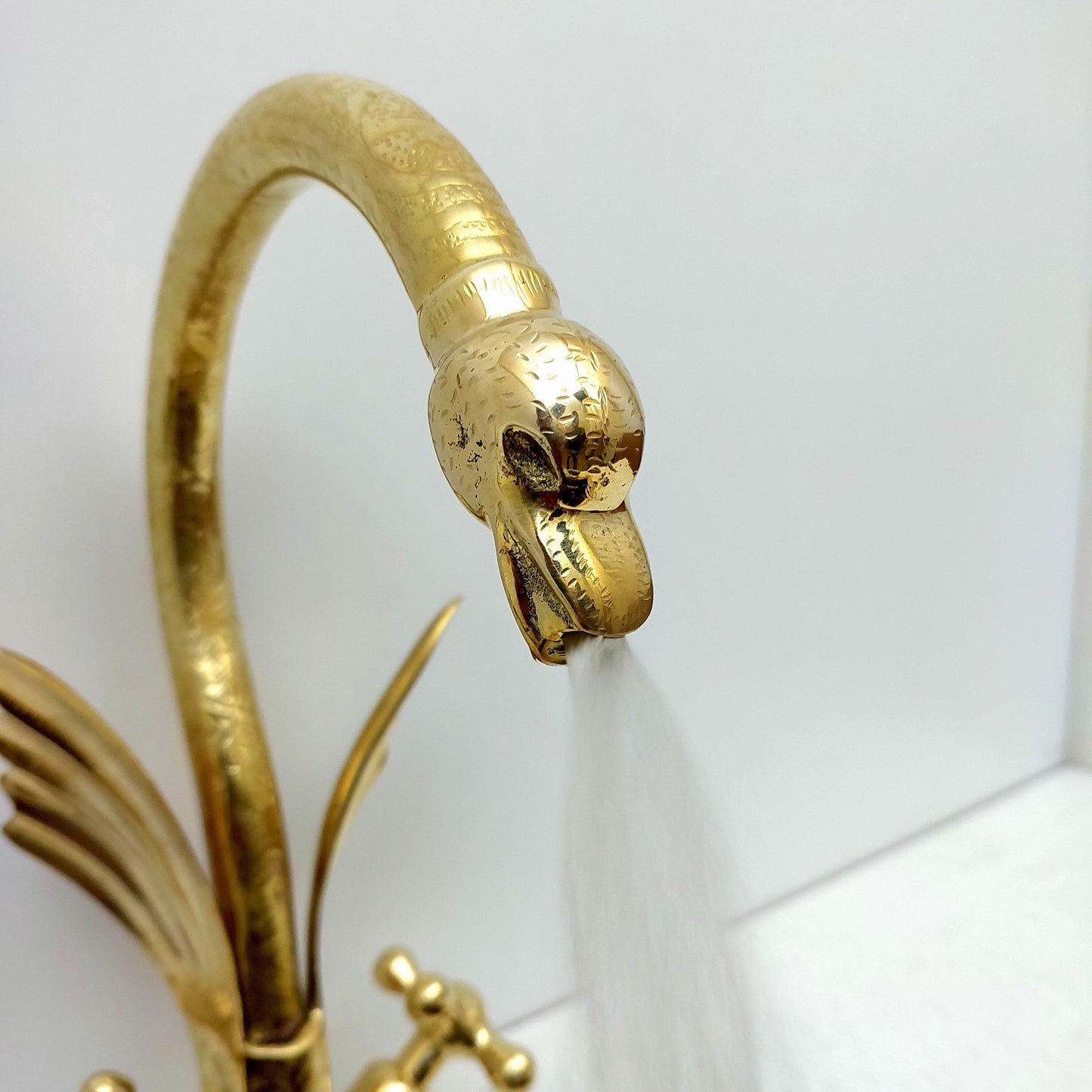 Unlacquered Brass Swan Engraved Faucet with two Cross Handles - Ref: FA010-EC