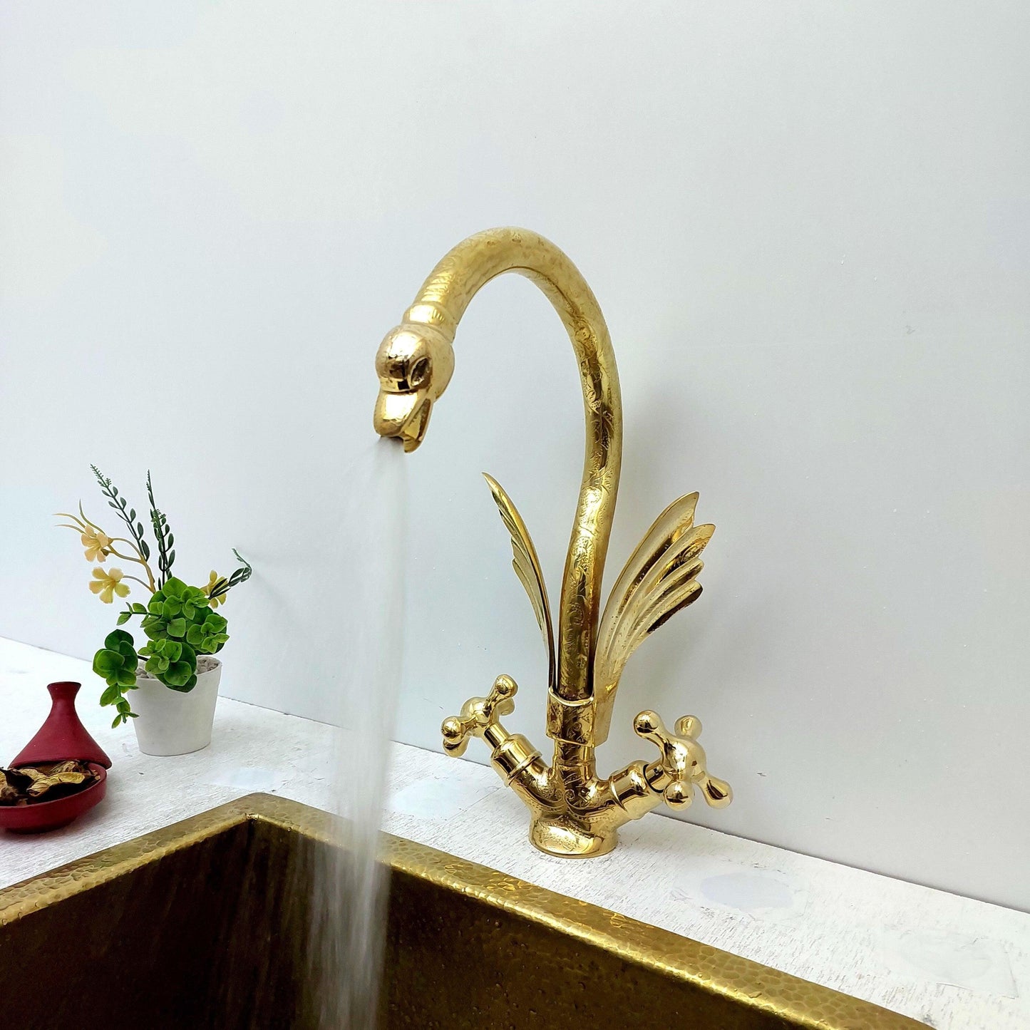 Unlacquered Brass Swan Engraved Faucet with two Cross Handles - Ref: FA010-EC